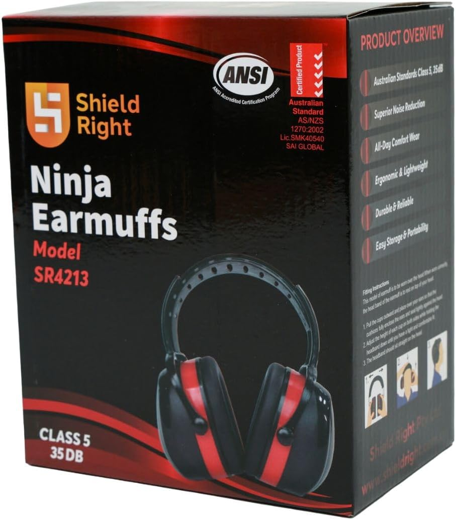 Shield Right Extreme Performance Ninja Safety Earmuffs 35Db Hearing Protection, Adjustable & Foldable, Memory Foam Ear Cushions, Industrial-Grade, Gardening, Construction, DIY