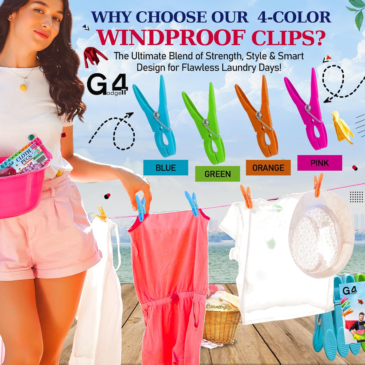 G4GADGET Clothes Pegs 24 Pack &ndash; Strong Grip Plastic Pegs for Washing Line, Durable Laundry Clips for Clothes, Rust-Resistant for Outdoor & Indoor Drying image number 1