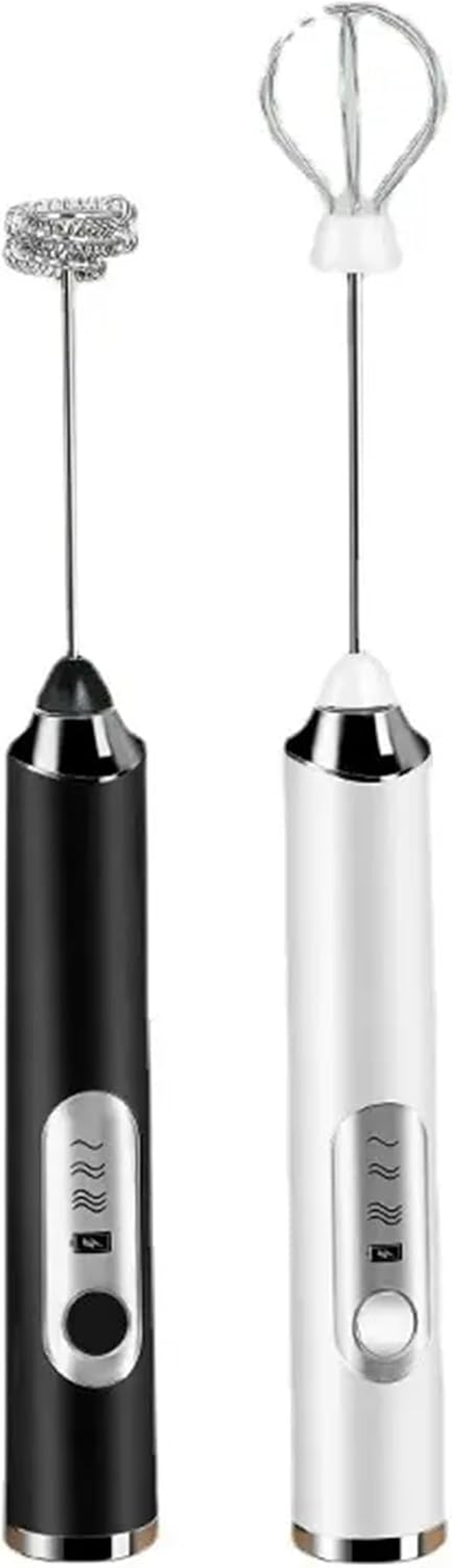 Electric Milk Frother Handheld &ndash; USB Rechargeable Foam Maker with Whisk & Frother Heads, 3 Adjustable Speeds, Comfortable Handle, Detachable Heads for Latte, Cappuccino, Matcha (Black & White) (White)