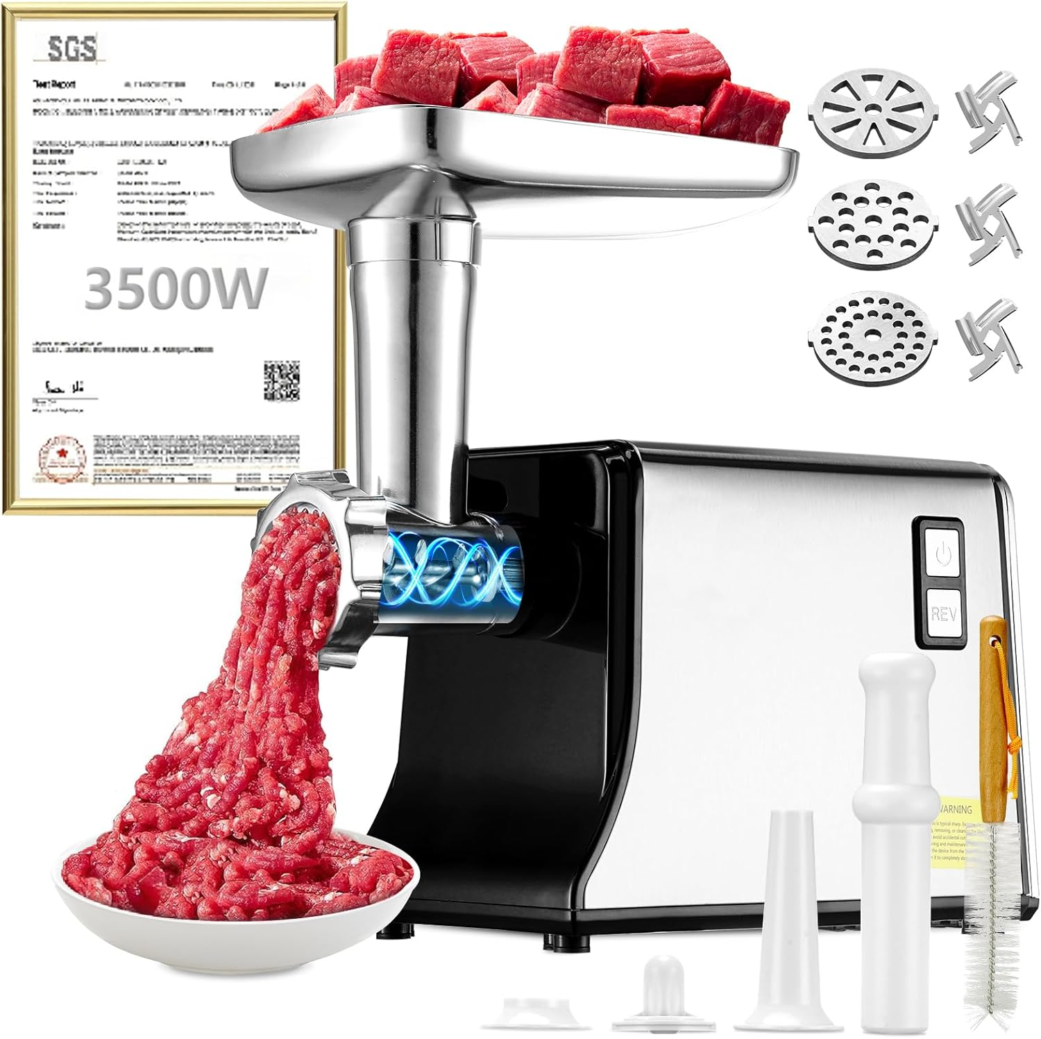 Electric Meat Grinder: [Ultra-Intelligent Thermal Protection] Upgraded Meat Grinder with 6 PCS Stainless Steel Blades&Grinding Plates, Sausage Stuffer Tubes&Kubbe(Black) image number 1