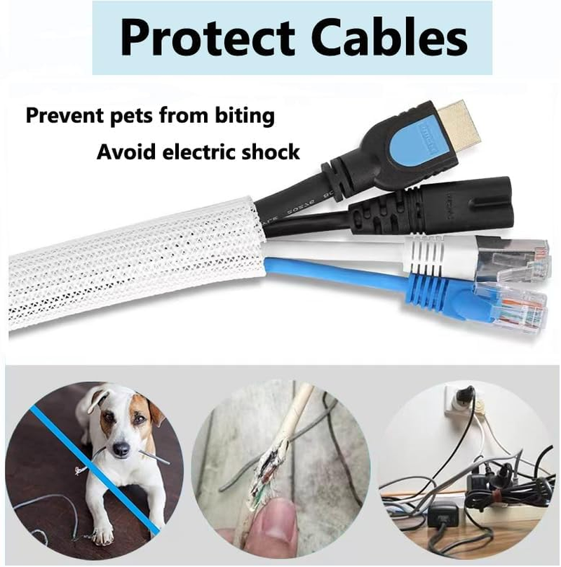 Aieve Cable Organizer, 6.6Ft(2M) Self-Wrap Cable Sleeve, White, Braided, 1/2 Inch inside Diameter, Office & Home, 6.6 Feet