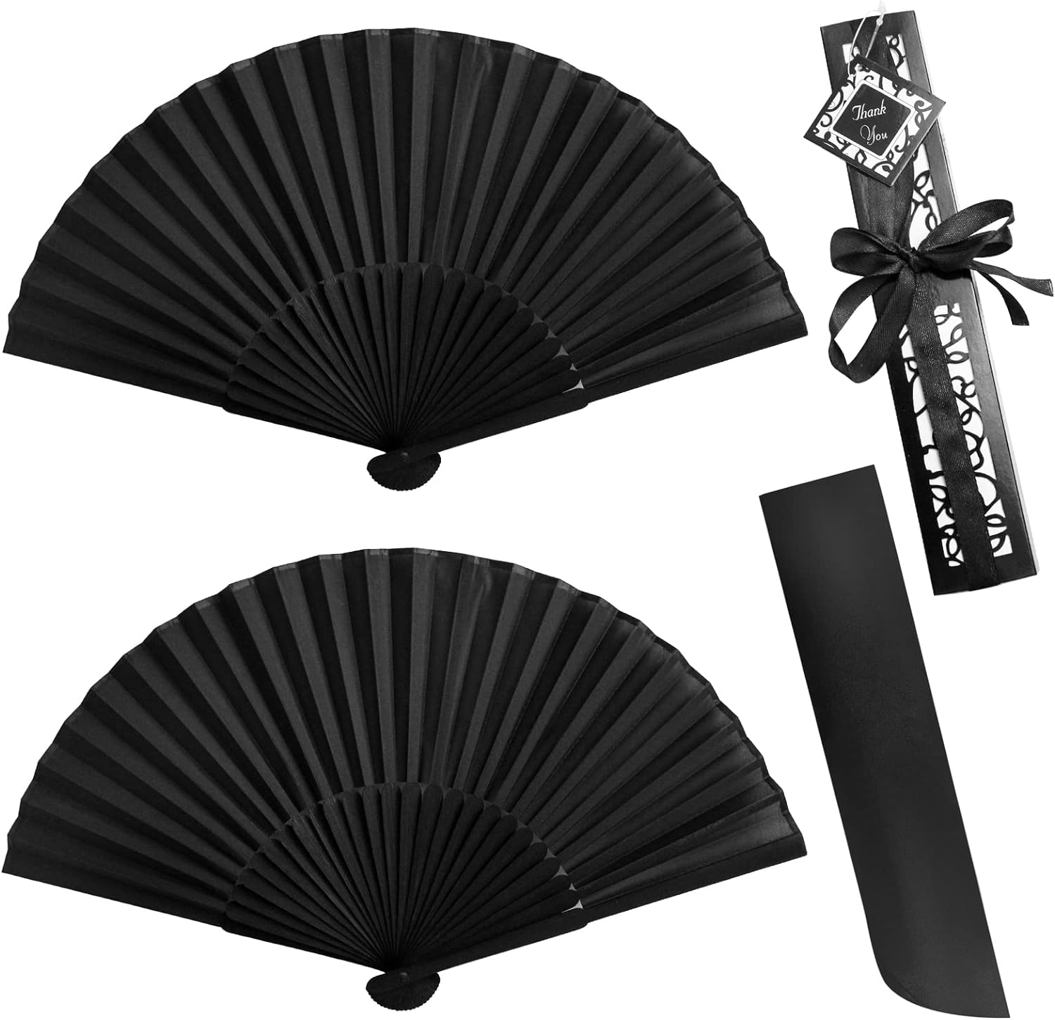 2 Pack Silk Folding Fans, Black Classic Handheld Fan 8.2In Small Hand Held Bamboo Fabric Chinese Vintage Hand Fans with Case for Dance, Performance, Wedding, Cosplay, Decorations, Party Favor, Gift