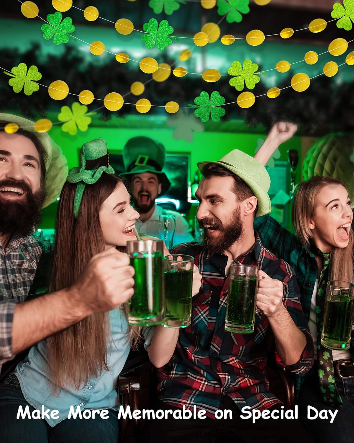 SONGTIY Glitter Green Clover Garland with Gold Circle Dots, Irish St. Patrick'S Day Shamrock Banner, Streamer Backdrop Hanging Decorations, for Spring Baby Shower Birthday Party Decor, image number 5