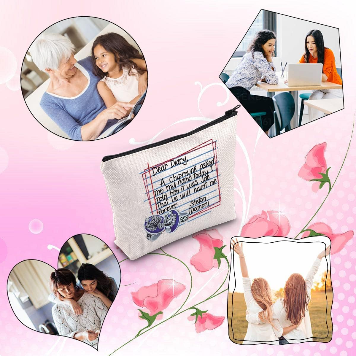 TSOTMO Vampire Damon Gift Salvatore Brothers Vampire Fans Gift Vampire Fandom Zipper Cosmetic Bag, Beige, Dear Diary image number 4