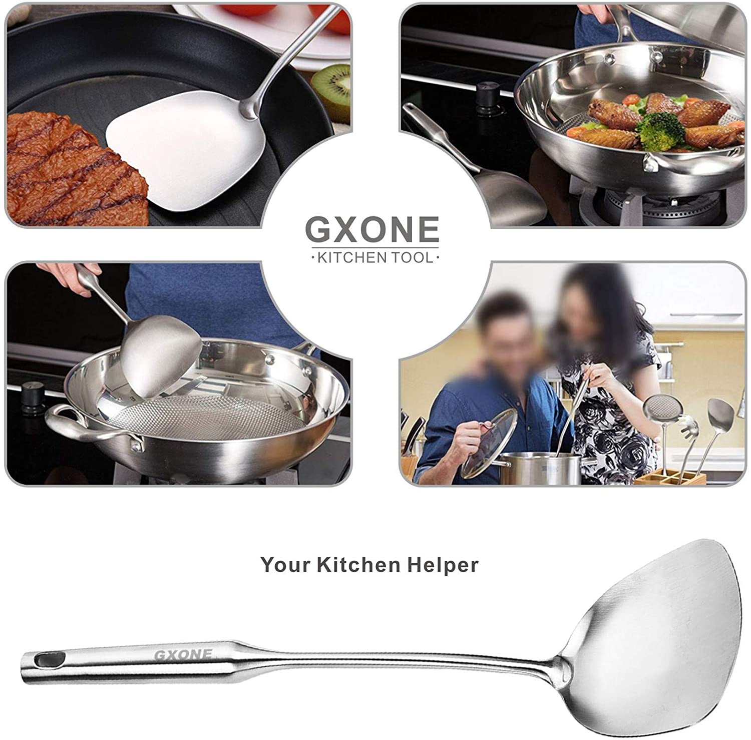 Wok Spatula Stainless Steel, Wide Spatula Turner with Hollow Long Heat Resistant Handle Wok Utensils,Silver/14.7Inch image number 2