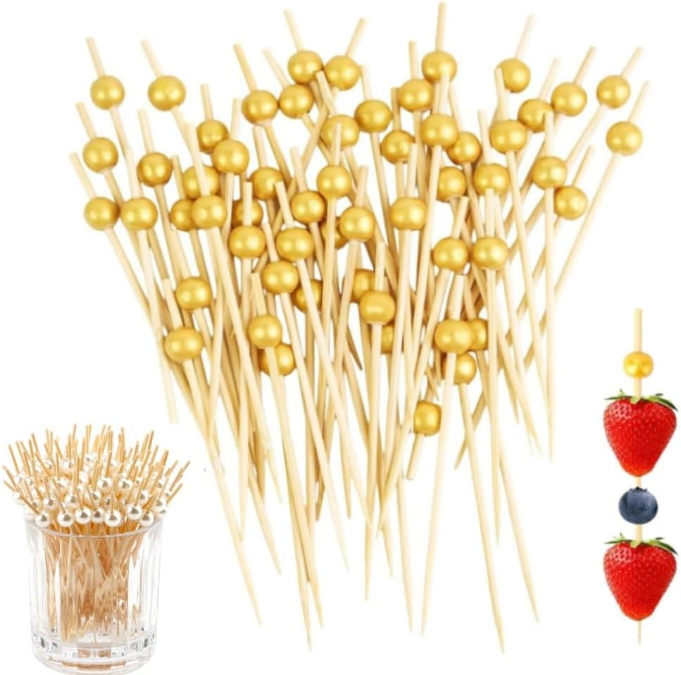 Jindizi 200PCS Cocktail Picks, Decorative Skewers for Appetizers Drinks Party Fruit, 4.7 Inch Long Wooden Bamboo Gold Ball Food Sticks Charcuterie Boards Accessories image number 3
