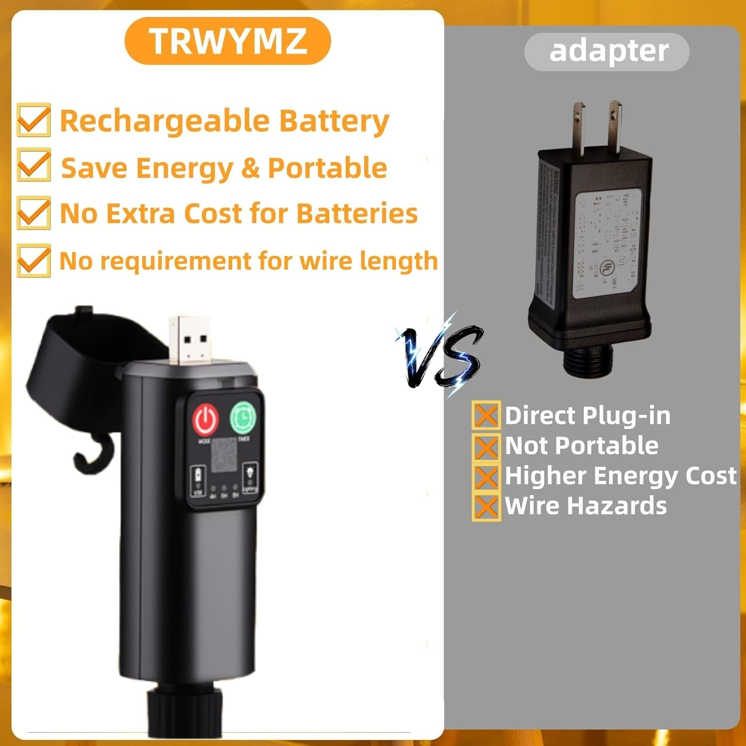 Rechargeable Light String Replacement Adapter with USB Charge Port - LED Power Supply - 8 Modes Timer - Waterproof & Portable Transformer for Christmas Lighting,String Light,Inflatable Device (1) image number 6