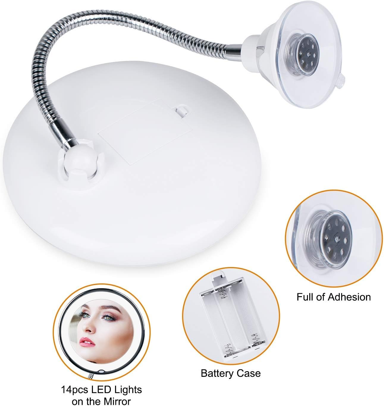 10X Magnifying LED Lighted Makeup Mirror, 7" Flexible Goose-Neck, 360&deg; Swivel Wall Mirror, Bathroom Magnification LED Daylight Vanity Mirror with Suction Cup, Cordless, Bathroom & Travel Mirror image number 1