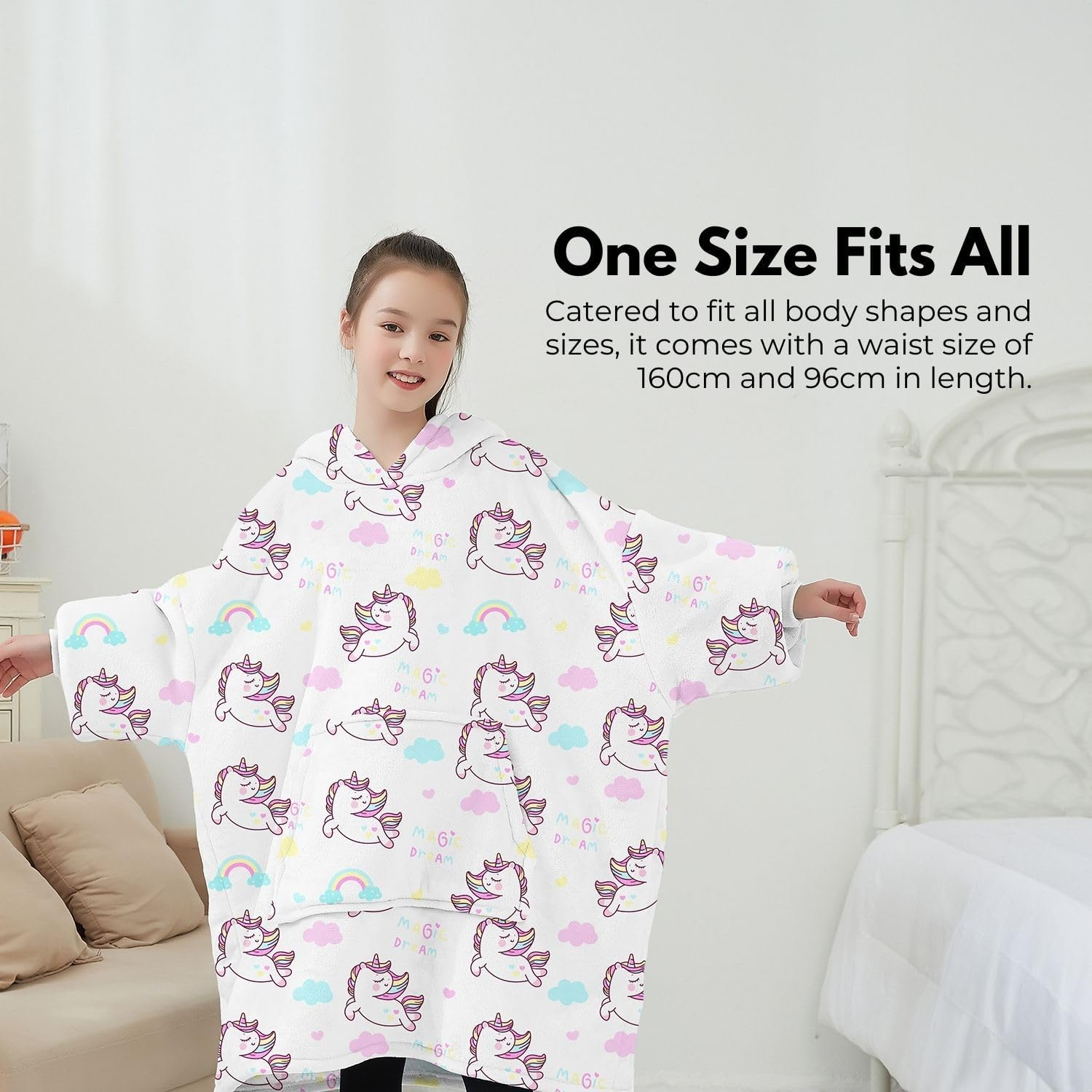 Gominimo Kids Hoodie Blanket, Warm, Cosy Double Layers, Large Pockets, One Size Fits All, Perfect for Indoor Lounging or Outdoor Adventures, Machine Washable, Unicorn White image number 2