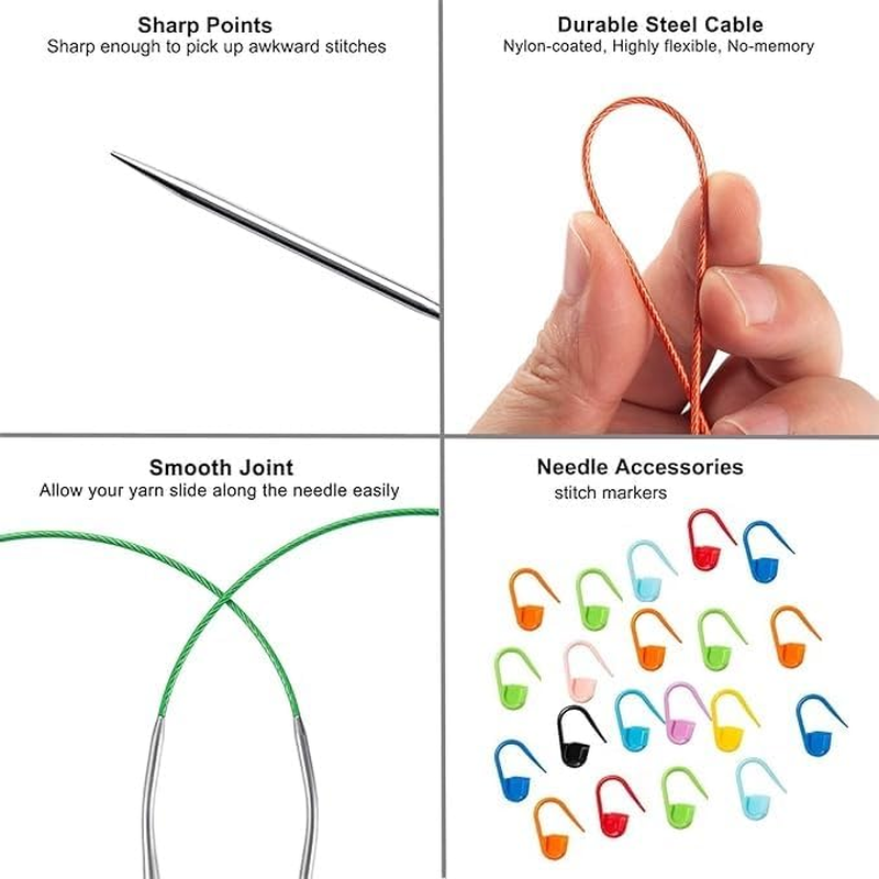 6Pcs 80Cm Circular Knitting Needles Set,6 Sizes Stainless Steel Knitting Needles,Knitting Needles round with Cable,Long & Smooth Metal round Needles,Size 2.25Mm 3.25Mm 4Mm 5Mm 7Mm 9Mm image number 2