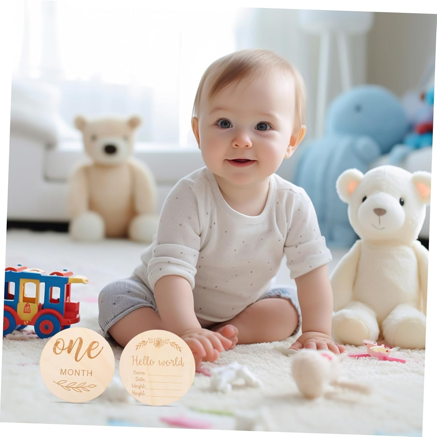 INOOMP 12Pcs Milestone Signs Wooden Monthly Discs for Photoshoot Gender Neutral Newborn Growth Cards Wood Cards Party Decorations image number 3
