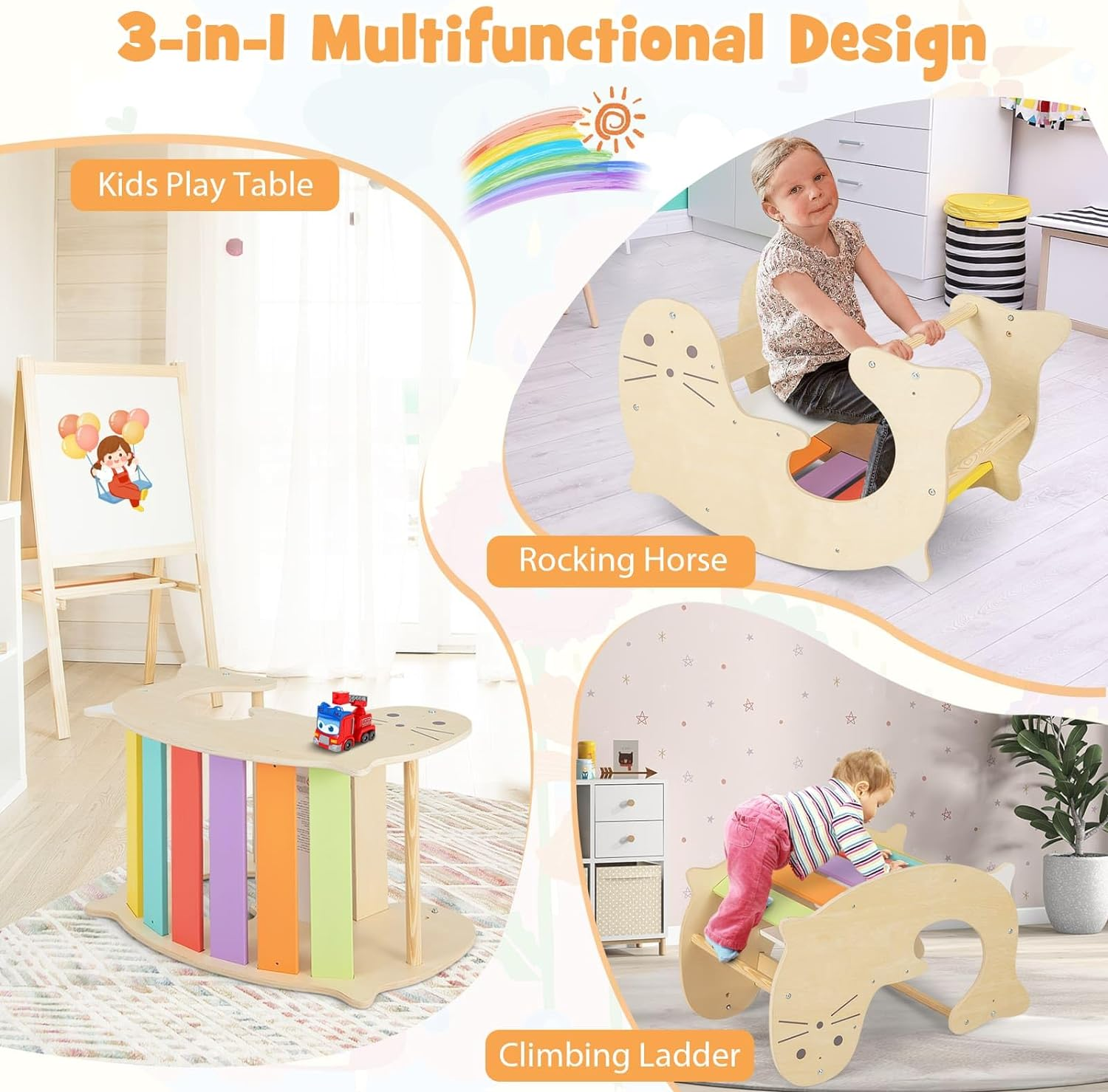 HONEY JOY 3-In-1 Climbing Toy Set for Kids, Indoor Arch Climber W/Cute Sea Lion Pattern & Rich Colors, Natural Solid Wood Bars, Smooth Seat & Back, Fun Play Table & Rocking Horse for 3-14 Years Old image number 4