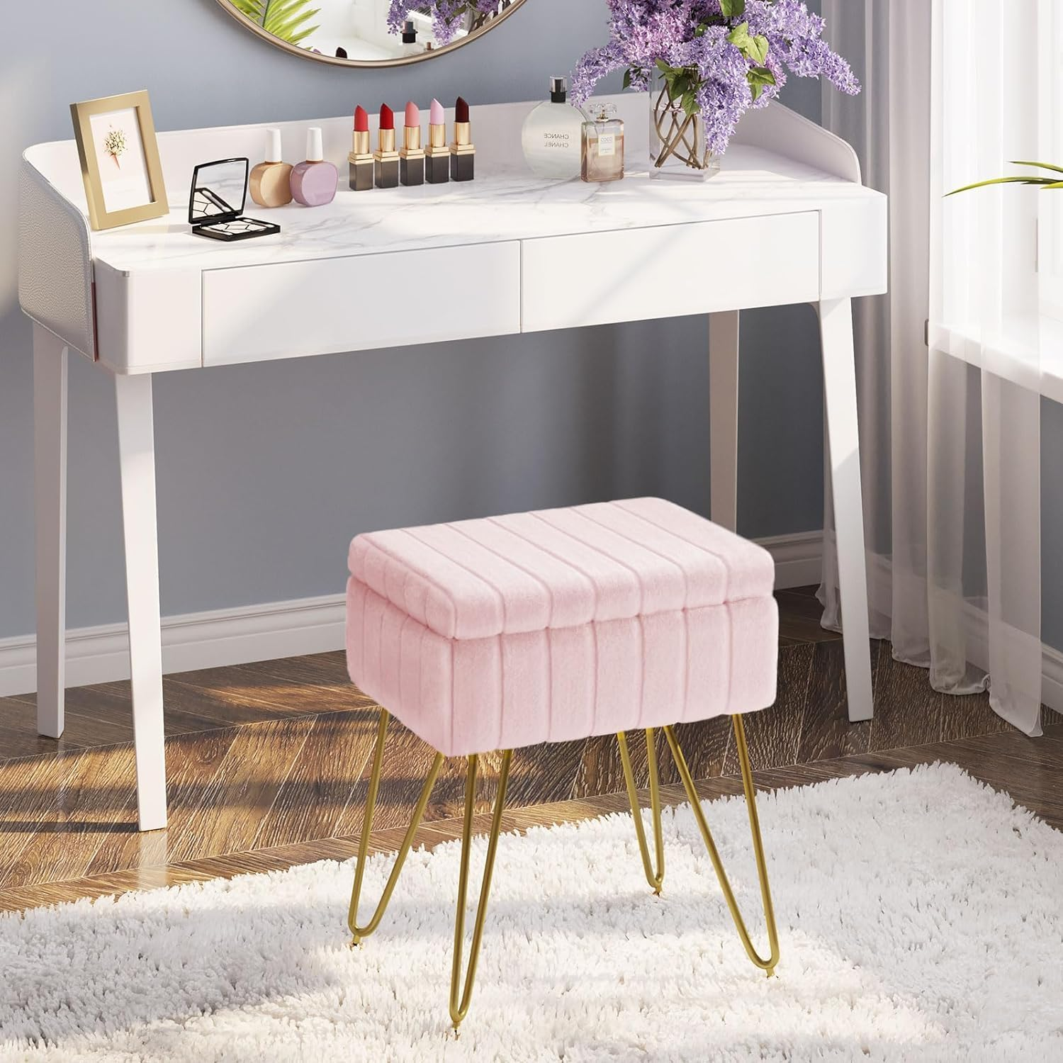 Homodoskey Vanity Stool Chair with Storage, Faux Fur Makeup Chair for Vanity, 15.7"L X 11.8"W X 19.4"H Soft Ottoman 4 Metal Legs with Anti-Slip Feet, Modern Multifunctional Chairs for Bedroom (Pink) image number 2