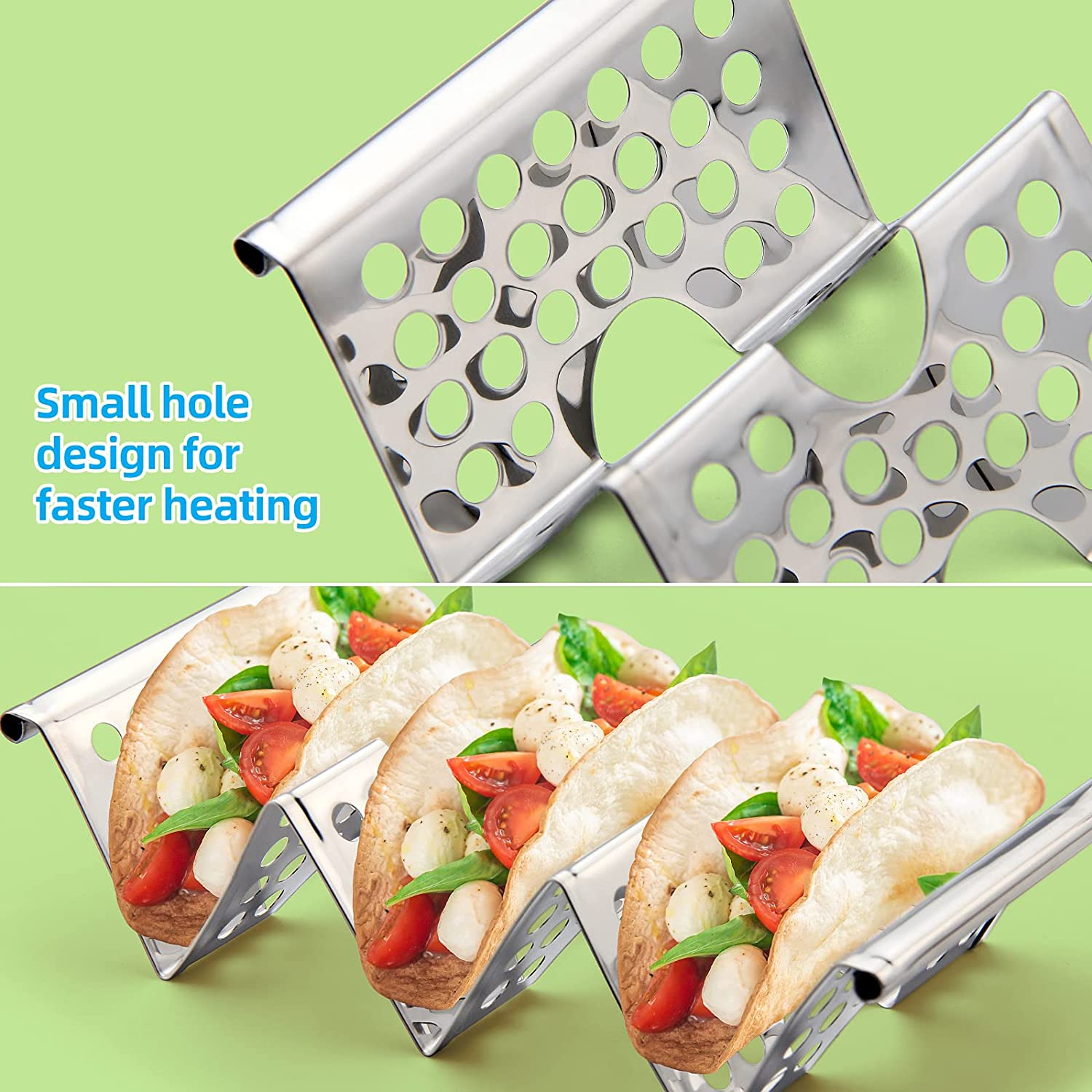 Chbuuero Taco Holders Set of 4, Taco Stand, Stainless Steel Taco Holder, Each Can Hold 3 Tortillas, with Easy-Access Handle, Fits Microwave, Air Fryer and Oven image number 6