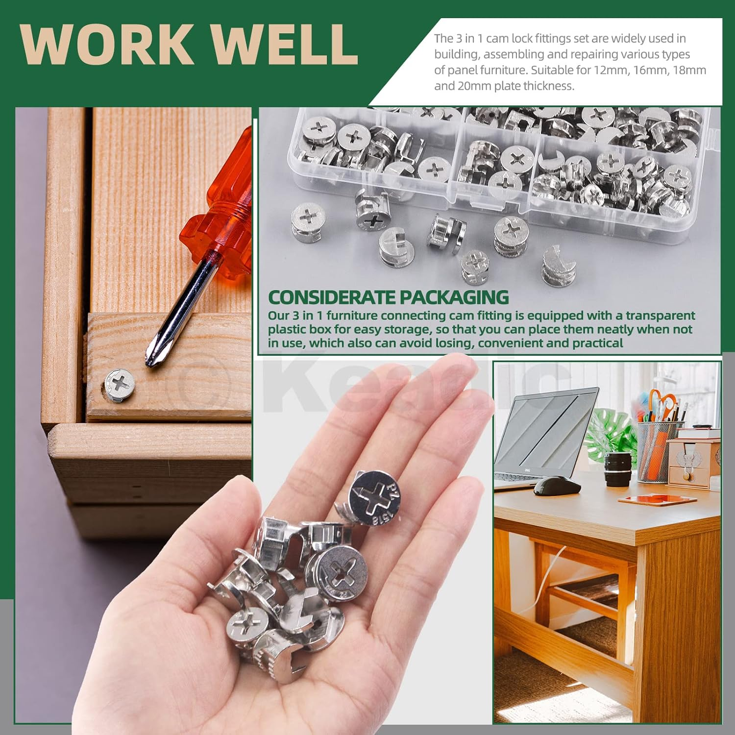 Keadic 100 Pcs 4 Sizes Furniture Connecting Cam Lock Fittings Assortment Kit, Heavy Duty Joint Connector Nut Cabinet Connectors Hardware Bolts for Wardrobe Drawer Closets Bed