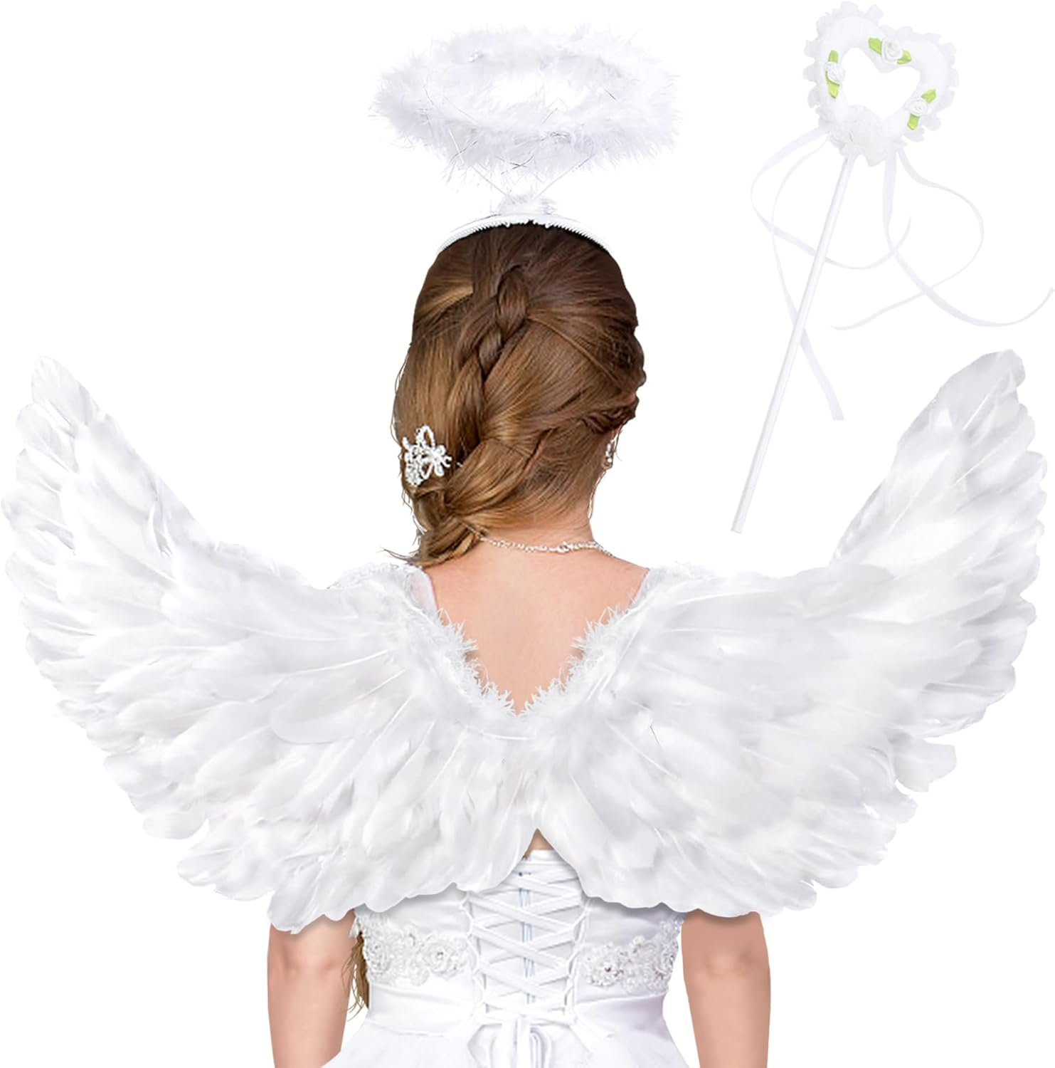 Angel Costume Women, Angel Wings Cupid Costume Women with Halo Angel for Angel Costume Women Children Men Adults on Halloween Carnival Birthday Themed Party