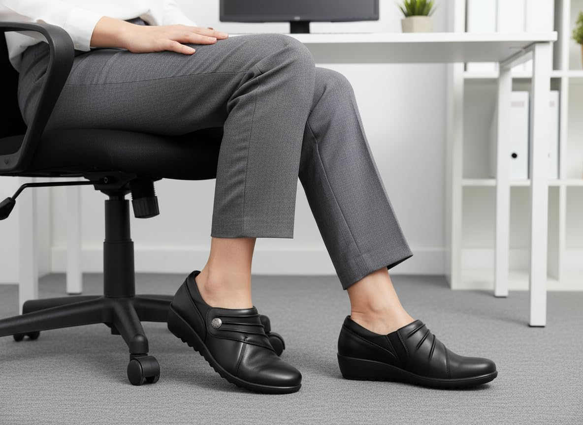 Cushion Walk Wide Fitting EEE Fit Black Shoes Women'S Ladies Lightweight Faux Leather Slip-On Flat Shoes, Flats, Casual Work Office Comfort Shoes, with Button Detail image number 6