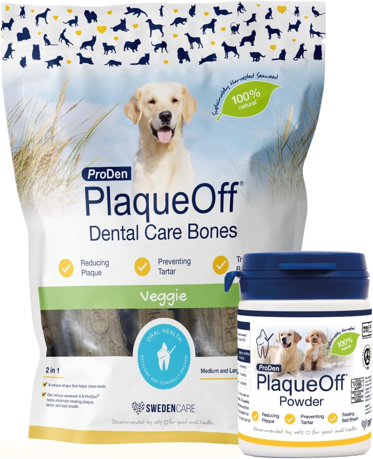 Proden Plaqueoff 100% Natural Scaler and Bad Breath Eliminator for Dogs - 60G Dental Powder with 13 Vegetarian Bones - Healthy Teeth and Fresh Breath Pack