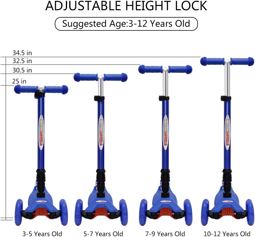 Chromewheels Scooters for Kids, Deluxe Kick Scooter Foldable 4 Adjustable Height 150Lb Weight Limit 3 Wheel, Lean to Steer LED Light up Wheels, Best Gifts for Girls Boys Age 3-10 Year Old image number 6