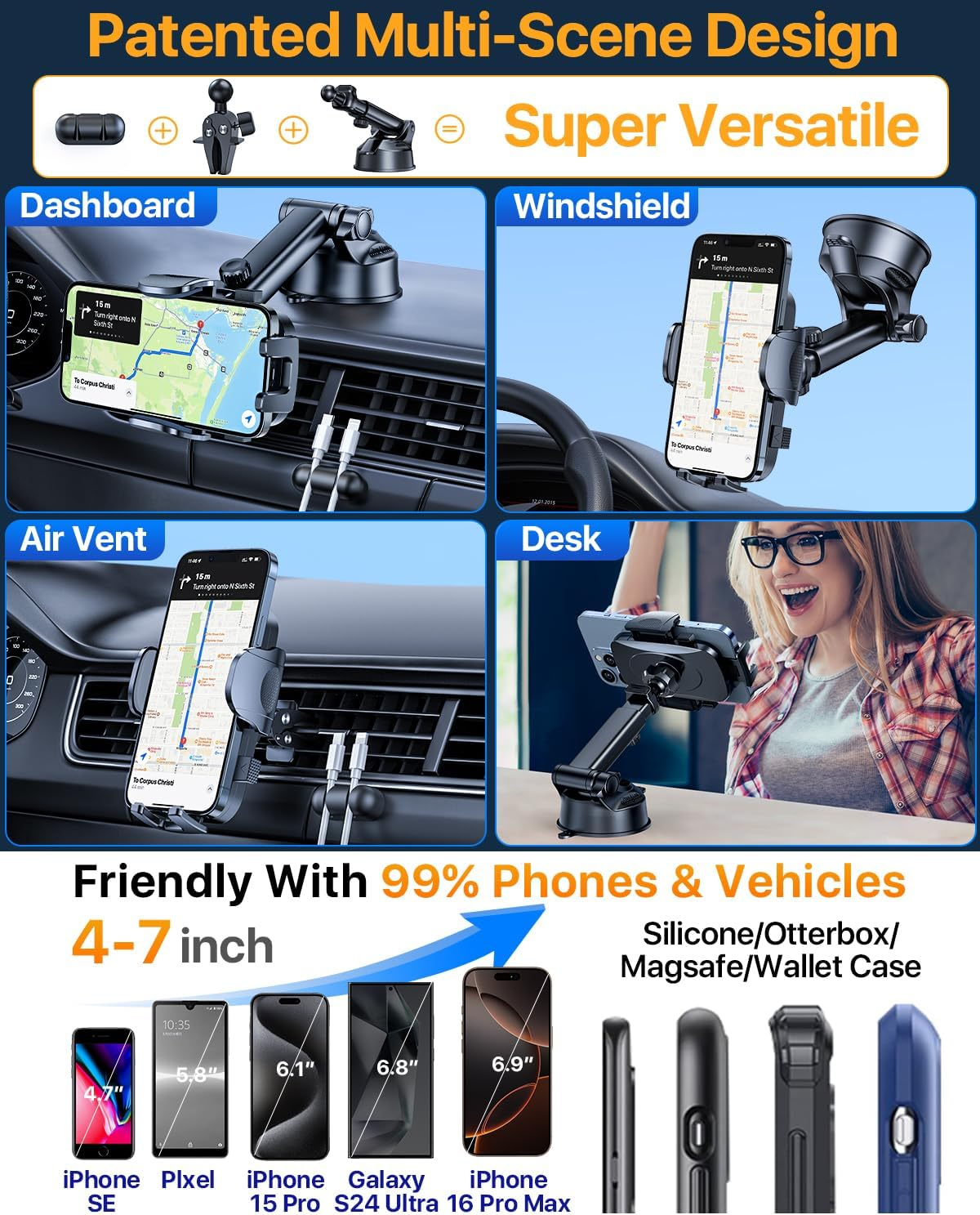 Premium Car Phone Holder Mount with 80Lbs Super-Strong Suction, Anti-Shake Stabilizer for Bumpy Roads, Universal Dashboard, Air Vent, Windshield Phone Stand image number 6