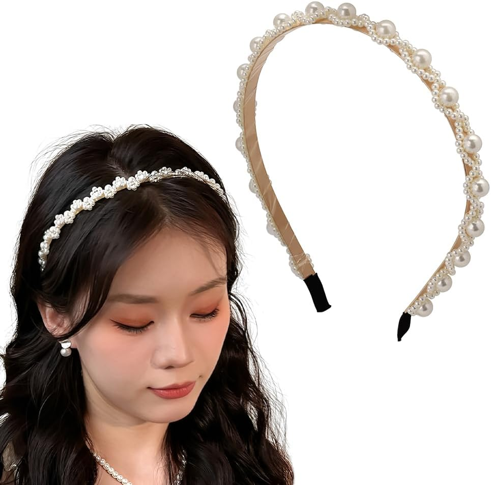 White Pearl Headband for Women Girls Pearl Headpiece Hair Accessories for Women Girls Pearls Hair Band for Wedding Party Beach Hairband with Pearls image number 2