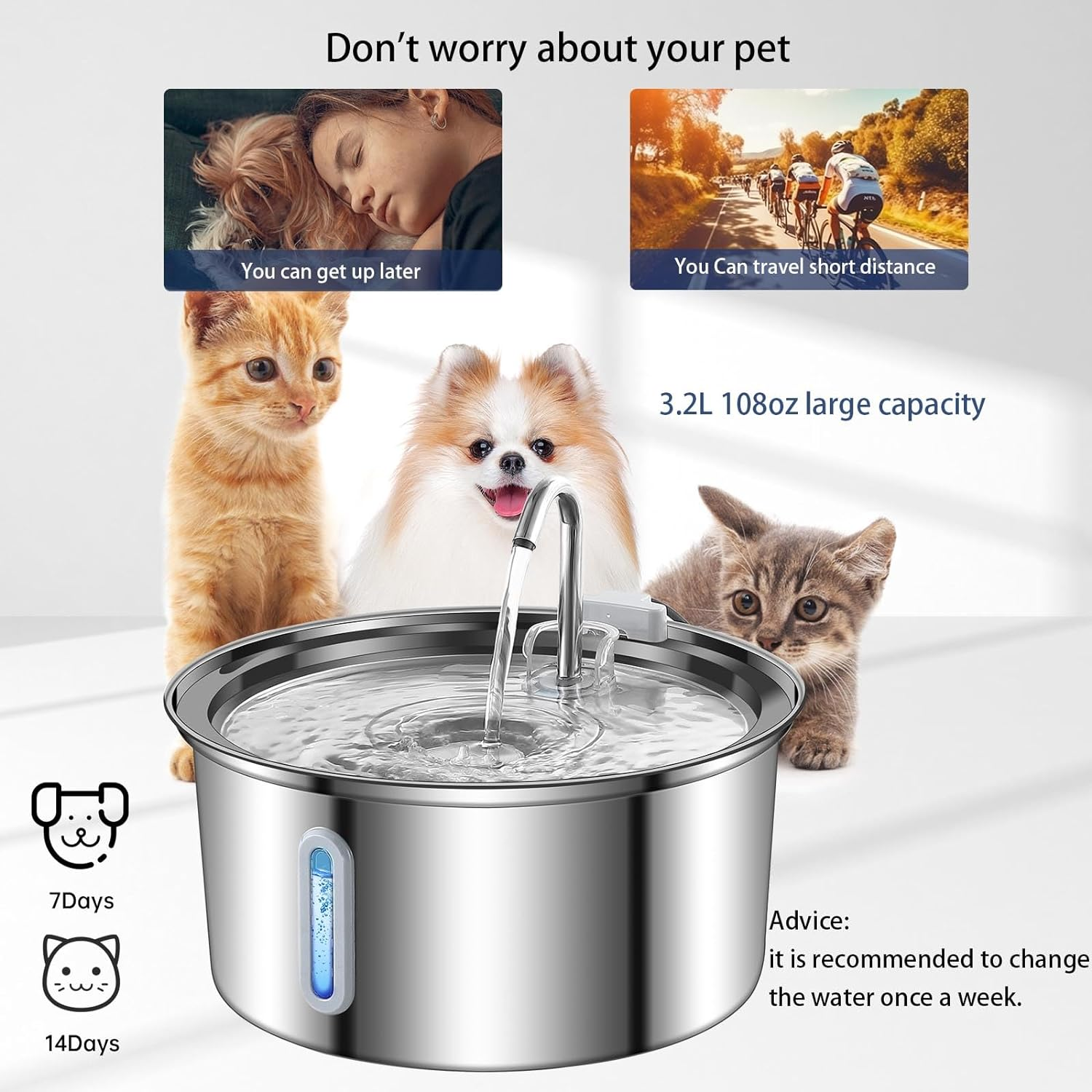 Ofat Home Cat Fountain - Stainless Steel, 108Oz/3.2L Cat Fountain with Water Level Window, Multi-Filter, Silent Pump, Easy to Clean, Provides Flowing Water image number 2