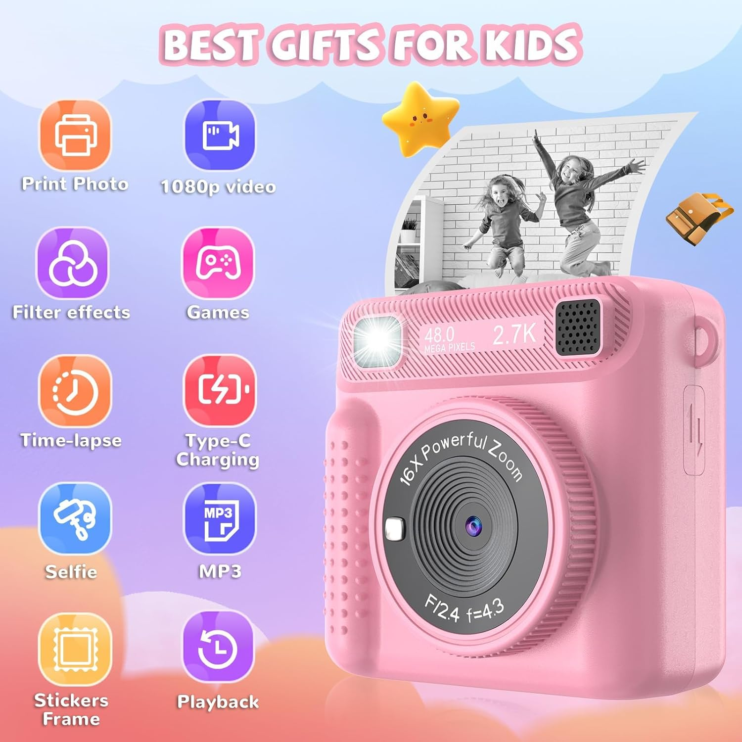 Omebel Kids Digital Camera, Instant Print Camera for Kids, HD Video, 32GB SD Card, Portable Toddler Camera for Girls & Boys Age 3-12, Christmas Birthday Gifts, Kids Camera & Photo Kids Toys (Pink) image number 4