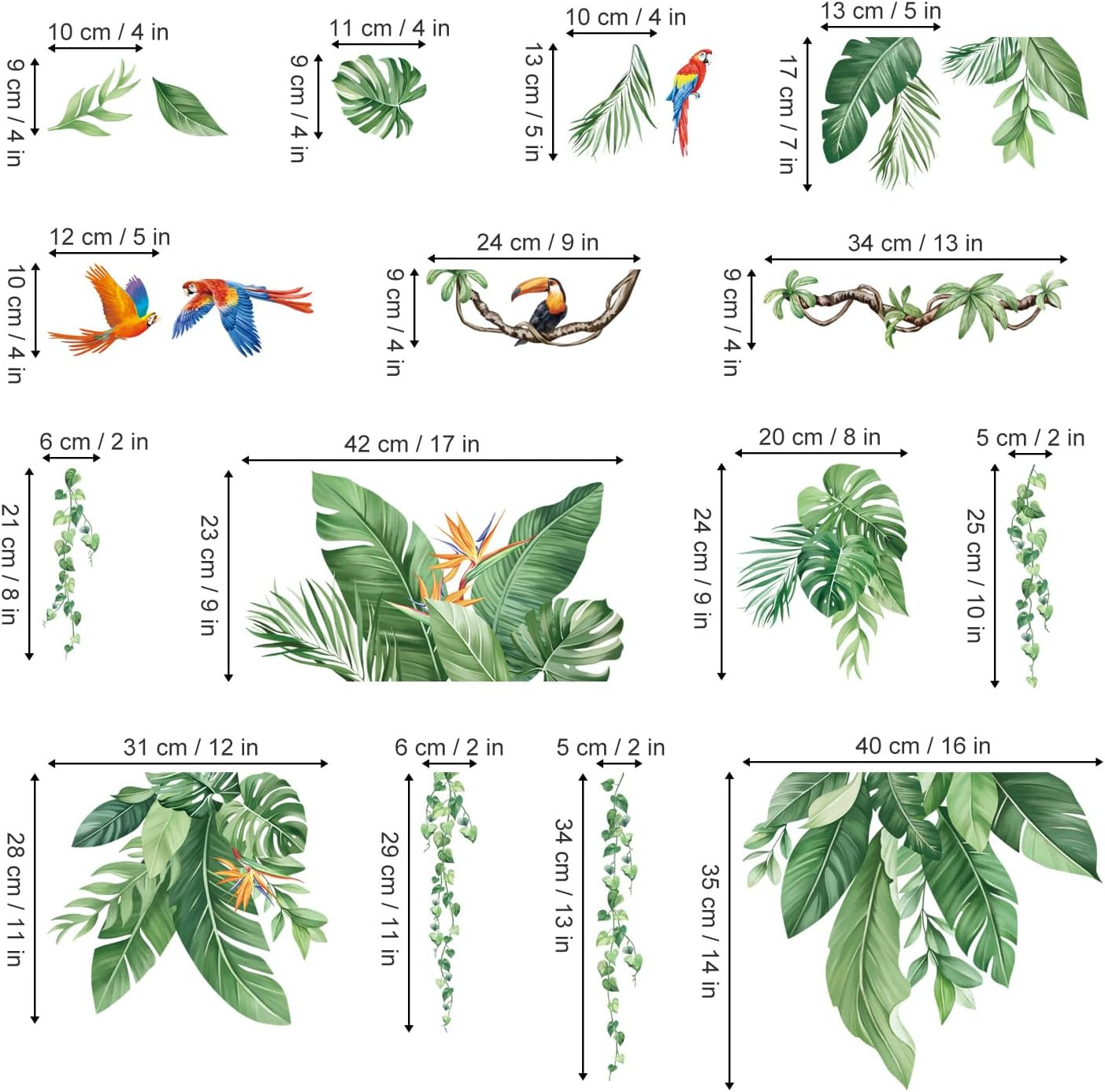 Decalmile Tropical Jungle Leaves Wall Decals Palm Leaf Hanging Vines Green Plants Wall Stickers Living Room Bedroom Tv Background Wall Decor image number 4