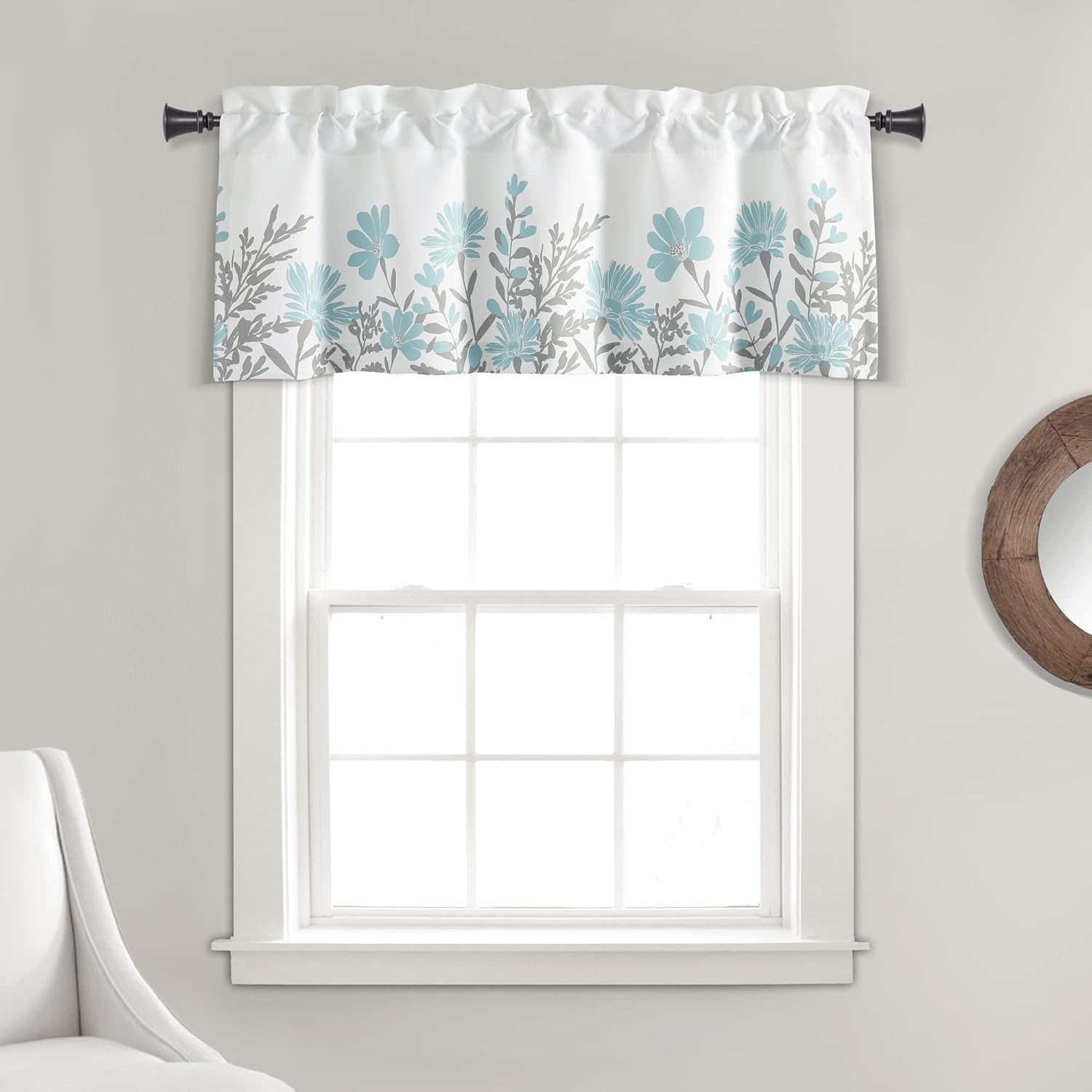 Lush Decor Aprile Light Filtering Window Curtain Valance, 52" W X 18" L, Blue & Gray - Floral Curtains - Pretty Blue Flower Print - Cottage, French Country & Farmhouse Window Decor