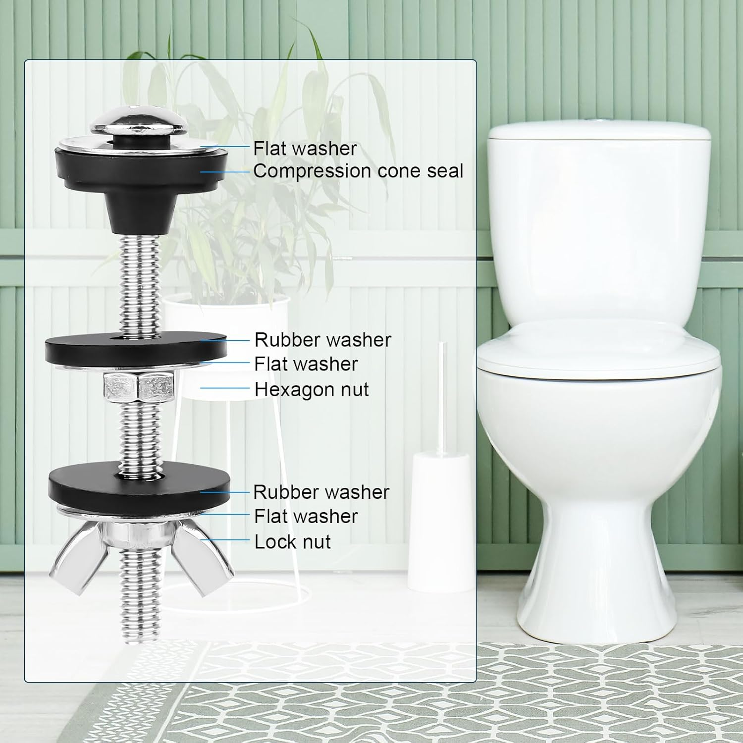 Lasuroa 4Pcs Toilet Seat Bolts Kit, Stainless Steel Universal Fit Toilet Tank Bolts Replacement Kit with Rubber Washers & Extra Long Nuts for Secure Fastening