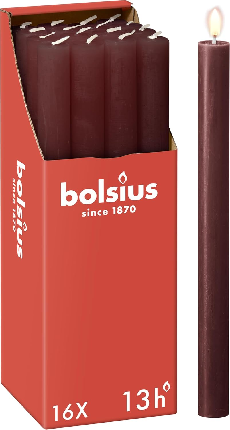 Bolsius Tapered Dinner Pillar Candles - Dark Red - Pack of 16 - Long Burning Time of 13 Hours - Household Candle - Interior Decoration - Unscented - Includes Natural Vegan Wax - 27 X 2.3 Cm