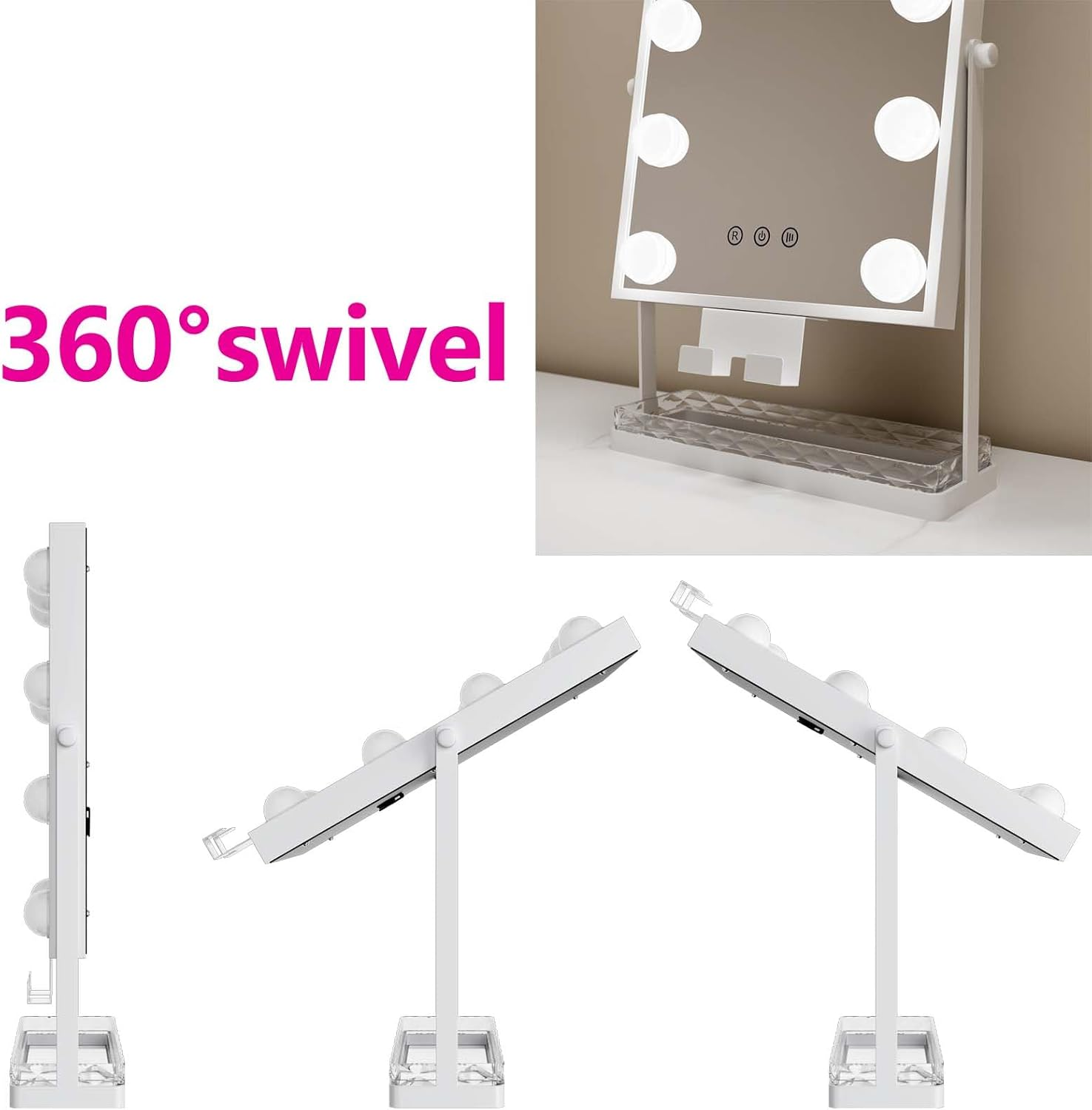 Hollywood Mirror Square Vanity Makeup Mirror Adjustable LED Lights with Storage Drawer Mobile Phone Holder 10X Magnifying Mirror image number 3