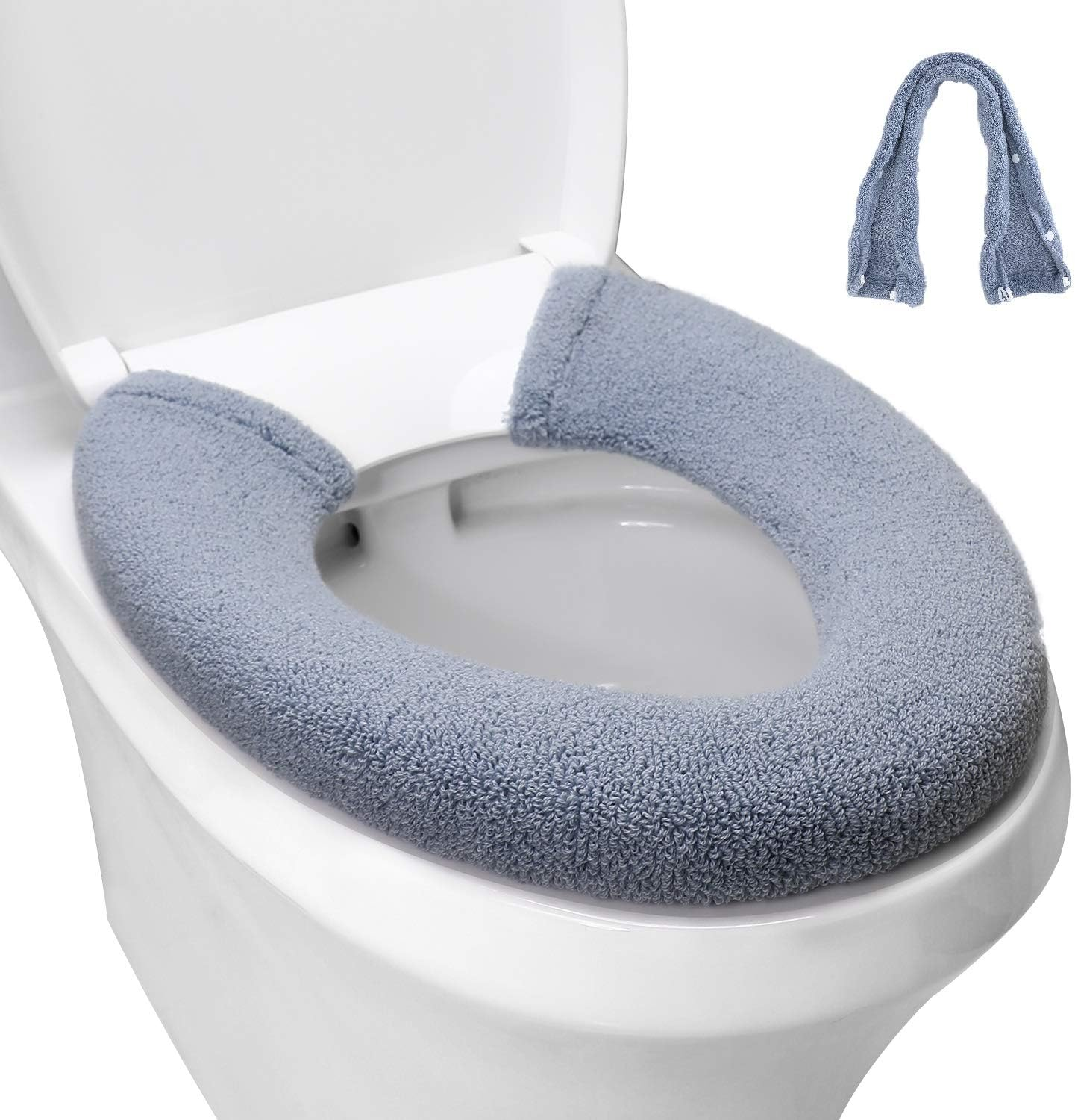 Toilet Seat Cover,Bathroom Soft Thicker Warmer with Snaps Fixed Stretchable Washable Fiber Cloth Toilet Seat Covers Pads Easy Installation& Cleaning (Sky Blue) (MTD21A)