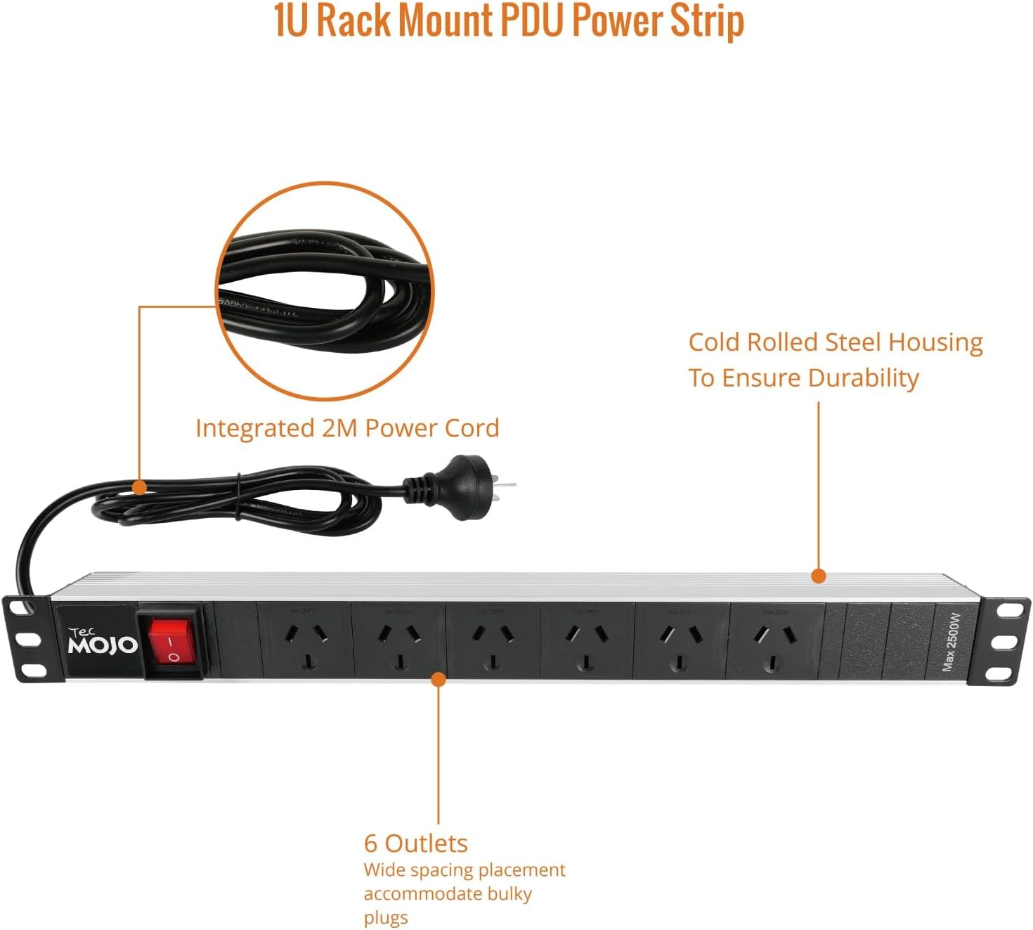 Tecmojo 1U Rack Mount PDU Power Strip, Power Distribution Unit for 19 Inch Server Cabinet, 6 Outlets with 2M Power Cord, Double-Break Switch, 10A 250V 50/60HZ, Black image number 5
