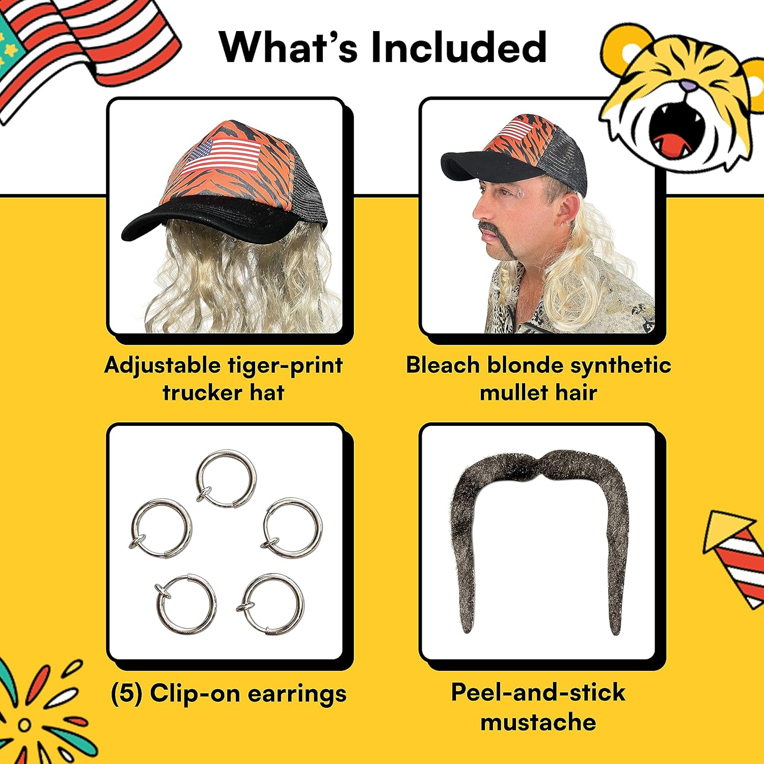 Watt'S Wigs - Exotic Tiger Joe Costume Kit, Blonde Mullet Wig with Hat, Clip on Earrings, and Mustache - One Size Fits All image number 1