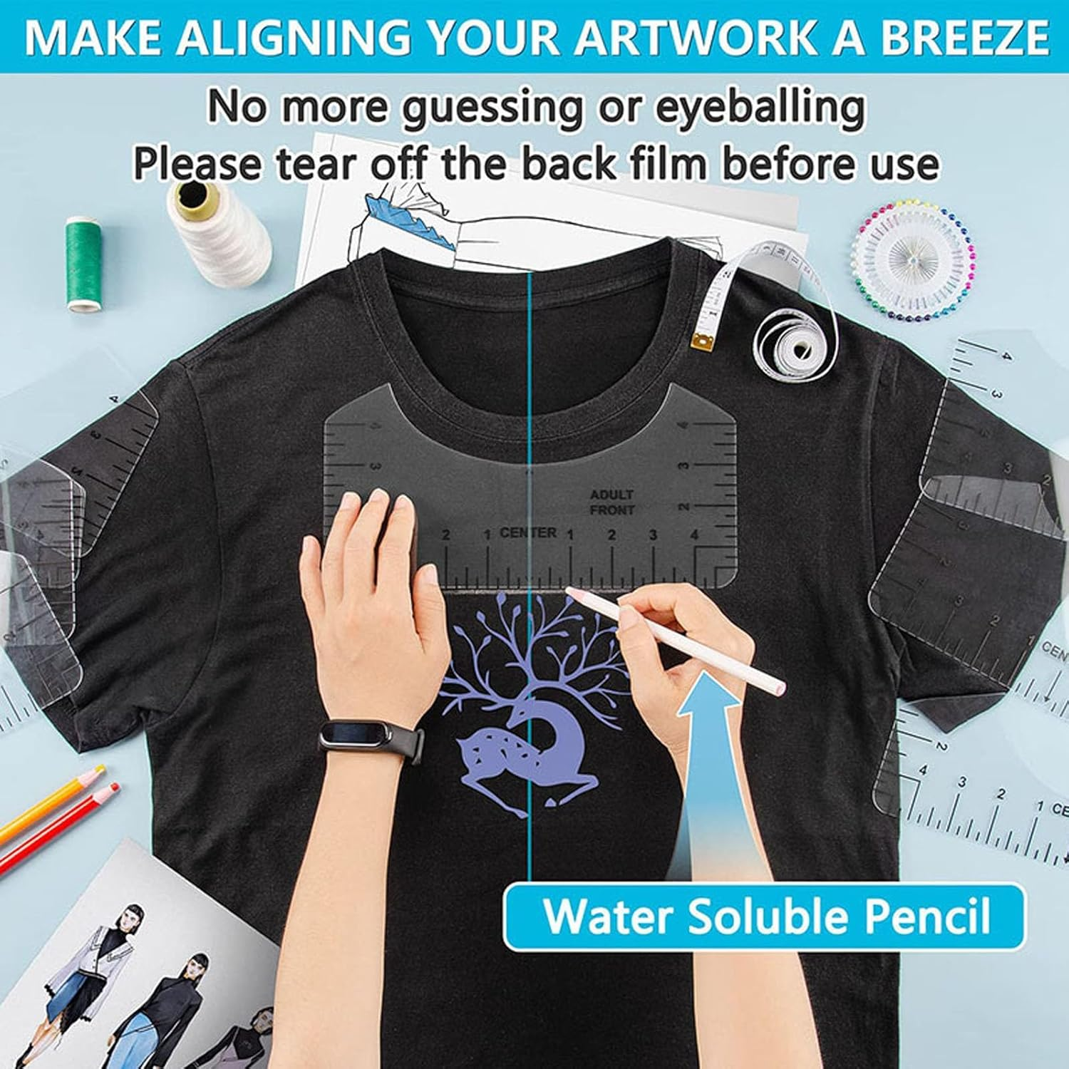 9Pcs Tshirt Ruler Guide for Vinyl Alignment,Pvc Tee Measurement Template,Front and Back Measurement for Cricut Heat Press HTV Heat Transfer Vinyl,T-Shirt Ruler Guide Alignment Tool to Center Vinyl image number 3