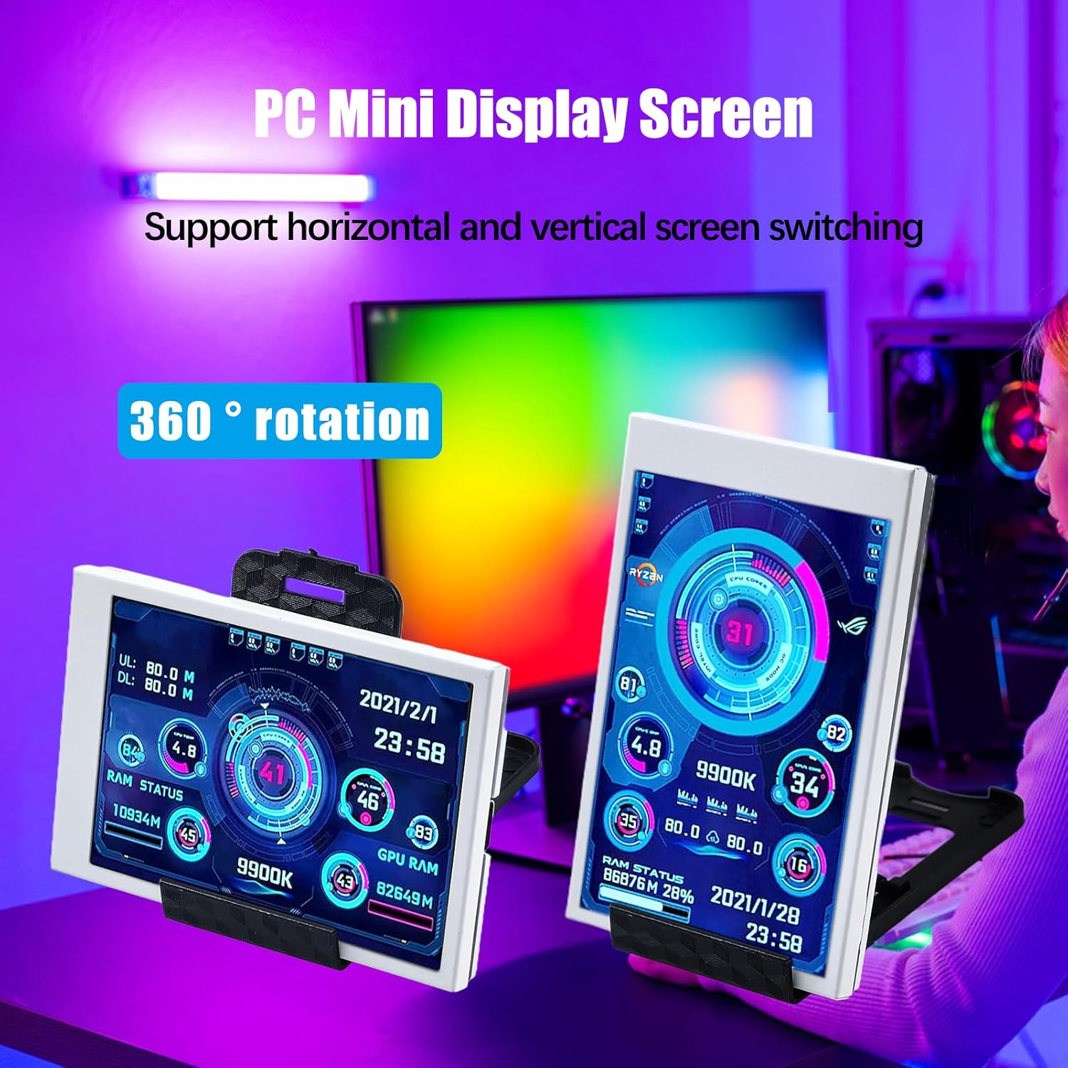 3.5In IPS USB Mini Screen, CPU Hardware Temperature Monitor Type C AIDA64 PC Temperature Display Monitor for Computer Case (White)