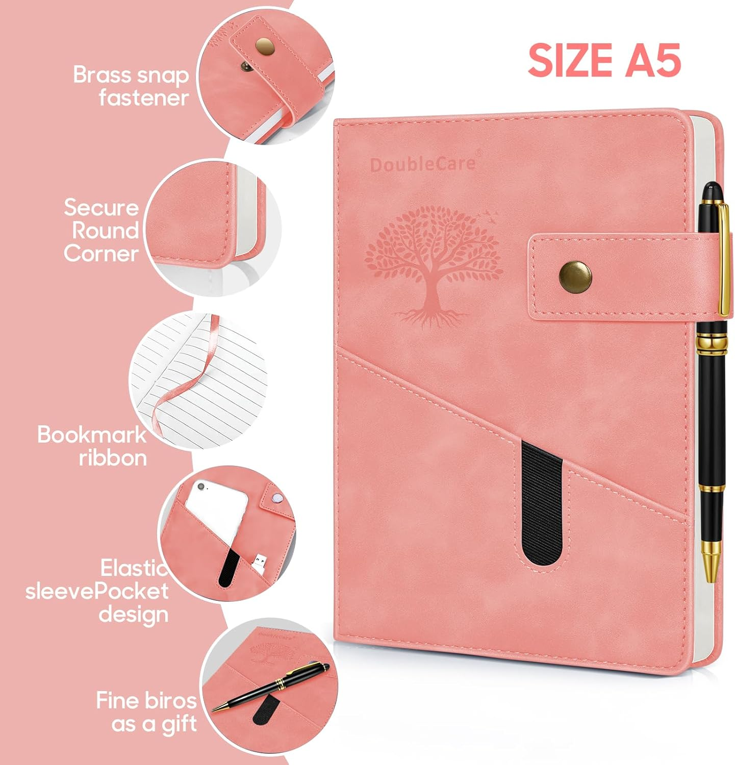 A5 Hardcover Vegan Leather with Divider, Hardcover Notebook with Pocket, Ruled Note Book Office School Supplies with Pen, Office, Business Trips, for Men Women (Pink)