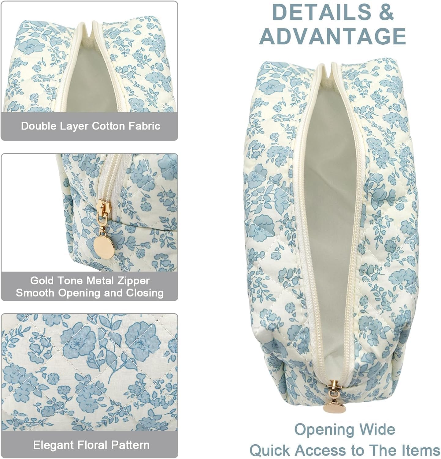 Makeup Bag Travel Cosmetic Bag for Women Girls, Zipper Make up Pouch, Floral Flowers Toiletry Organizer Makeup, Portable Storage Cosmetic Travel Cloth Bag (Blue Floral)