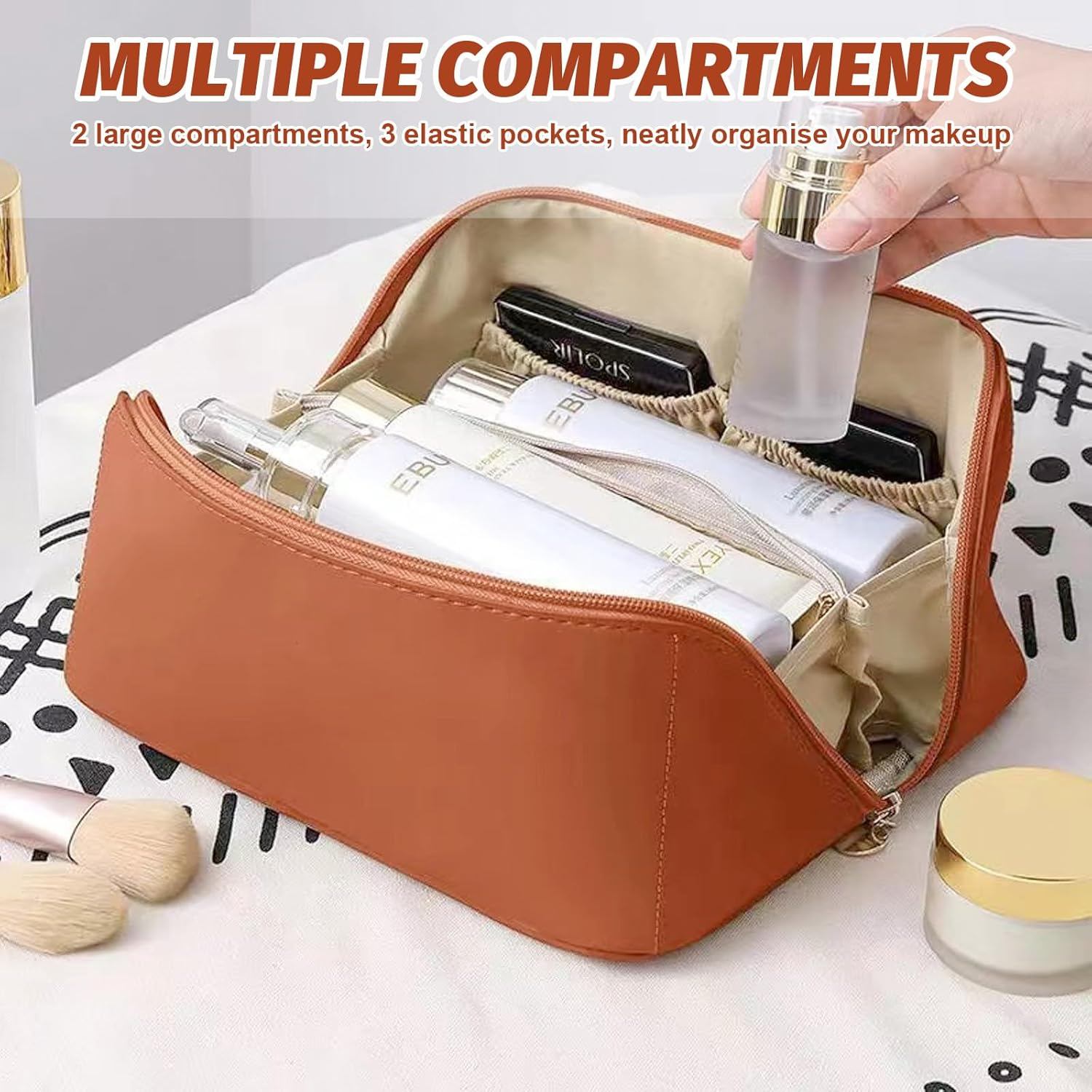 Cosmetic Bag, Extra Large Waterproof Makeup Organizer, High-Quality PU Travel Toiletry Bag for Women, Spacious Multi-Compartment Storage Pouch for Cosmetics, Skincare, Brushes, and Essentials（Brown） image number 4