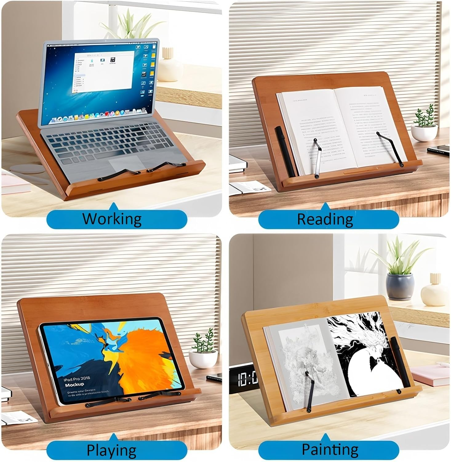 Book Stand for Reading Bamboo Cookbook Stand for Kitchen Adjustable Foldable Book Holder with Page Holder Clips Height Adjustable for Tablet Textbook Laptops Music Books Documents (Medium Brown) image number 1