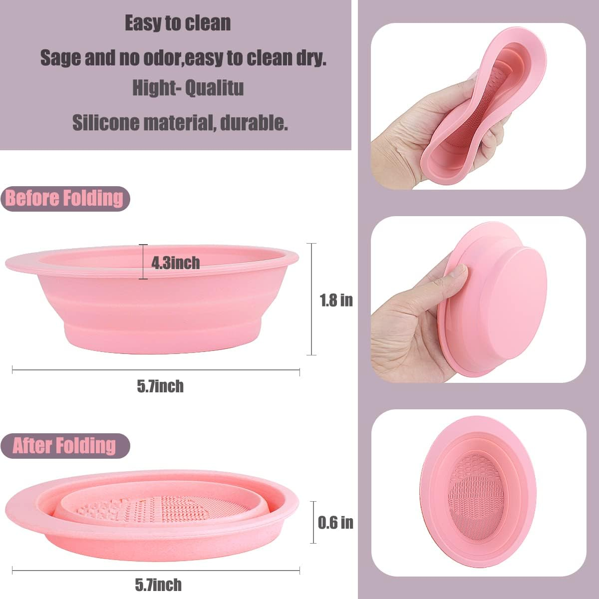 Makeup Brush Cleaning Mat Foldable Environmental Silicone Cleaning Bowl, Brush Cleaning Pad Easy Clean Girl Makeup Brush Cleaner Washing Tools (Pink) image number 5
