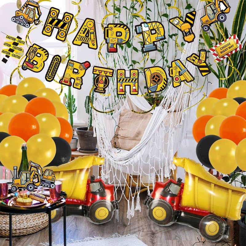 Engineering Vehicle Theme Birthday Party Decoration Balloon Set, Orange/Yellow/Black（52 PCS）