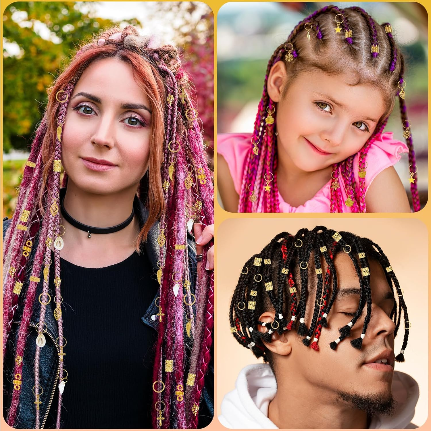 Pack of 362 Gold Hair Accessories, 20 Designs Dreadlocks Jewellery Rings, Adjustable Golden Hair Accessories for Braids with Hair Rings, Hair Spiral Clips, Charms, Ideal for DIY, Festival, Braiding