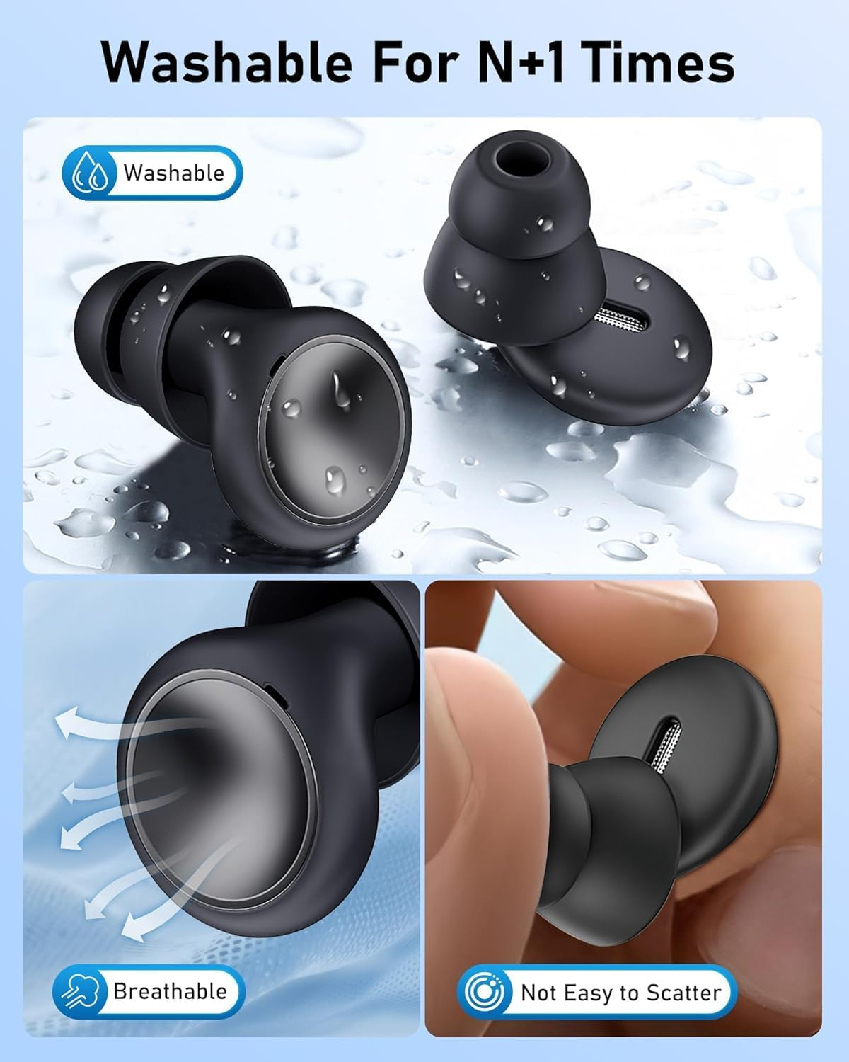 Ear Plugs for Sleeping Noise Cancelling with Double Tips, Noise Reduction Earplugs Silicone Concert Ear Plugs for Snoring, Travel, Concerts, Working, with 8 Eartips in S/M/L/Double Tips (Black, One Size) image number 2