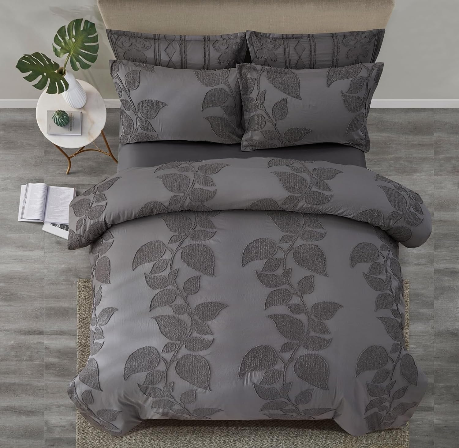 Techshing 3-Pieces Doona Cover Set, Dark Grey Microfiber Quilt Cover with Pillowcases, 3D Embossed Leaf Modern & Soft Bedding - Double/Full (US Size: 203X229Cm) image number 5