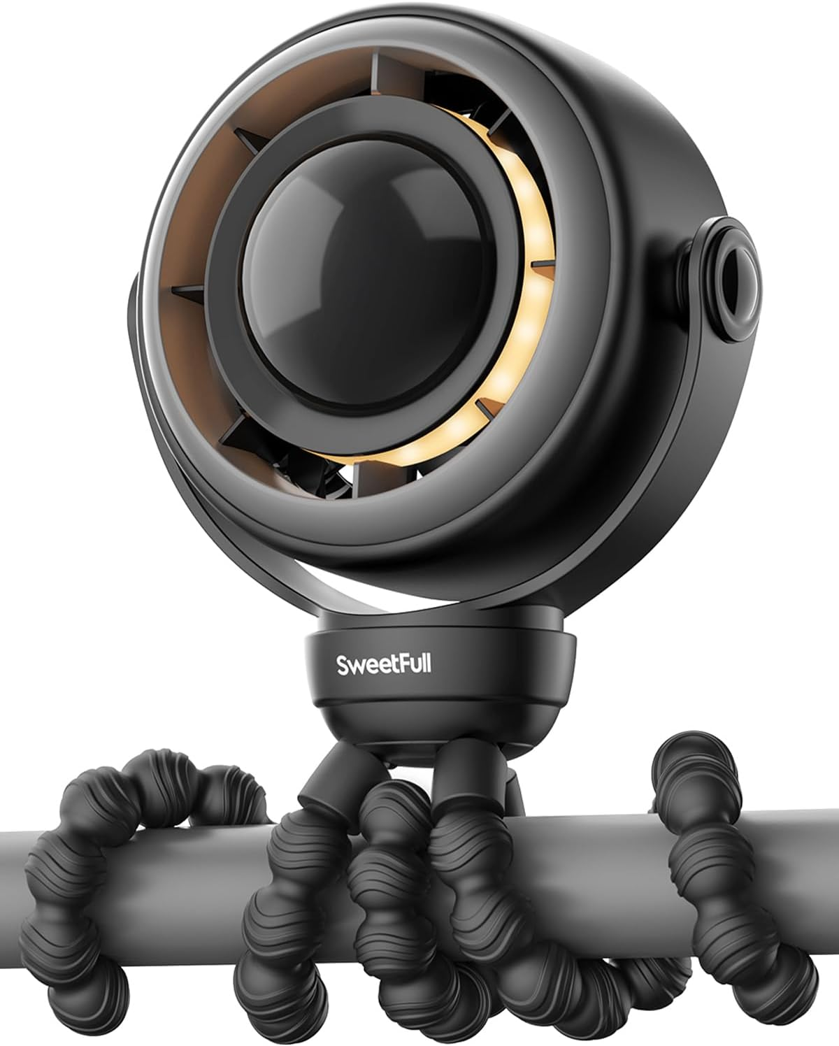 SWEETFULL Portable Pram Fan, 4 Speed Baby Stroller Fan, 360&deg; Rotate Clip on Fan with LED Display & Night Light, 4000Mah Rechargeable Quiet Mini Safe Fan for Desk, Car Seat, Hand, Travel, Black