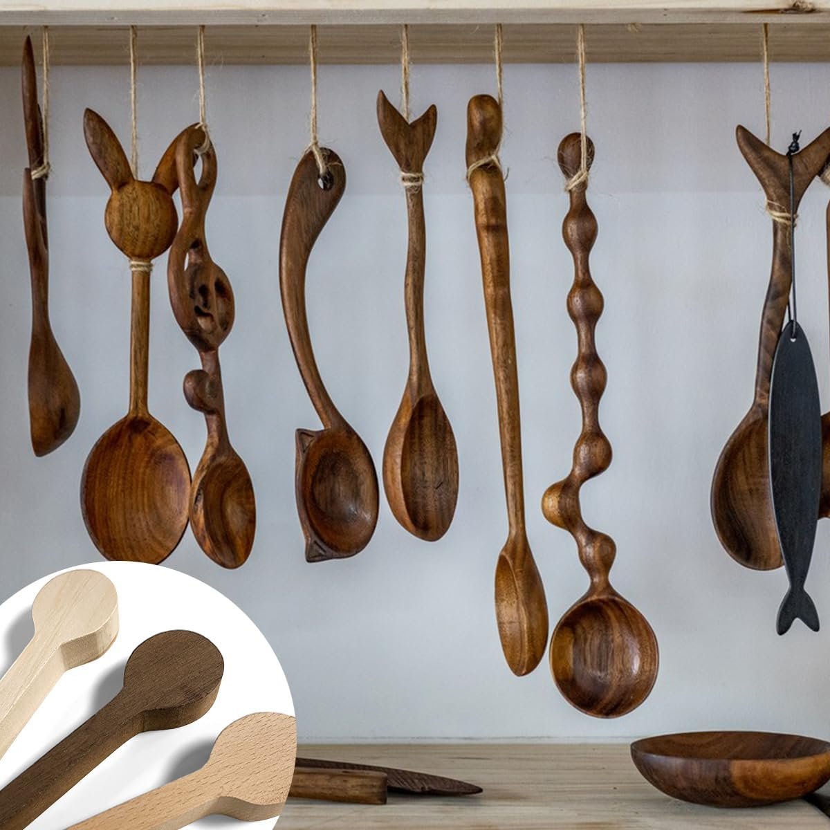 NILLOS Wood Carving Spoon Blank Set, 3 PCS Unfinished Wooden Spoon for Beginner Expert DIY Wood Craft (16X4 Cm/6.29X1.57 In) image number 6