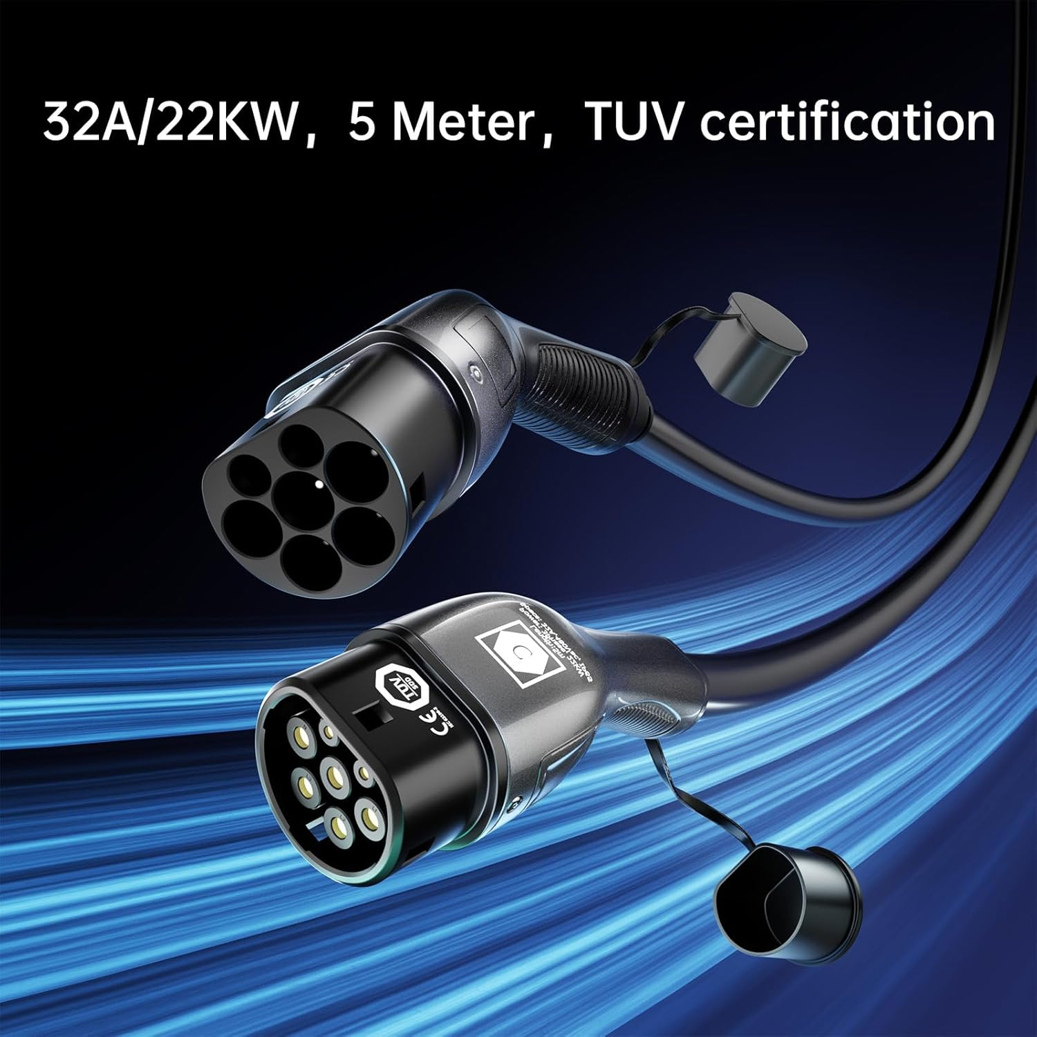 7JI Type 2 Charging Cable General 22KW to 32A 3-Phase 5M, Electric Car Charging Cable, Fast Charging with Carrying Case Compatible with All IEC-62196-2 for PHEV, BEV, EV