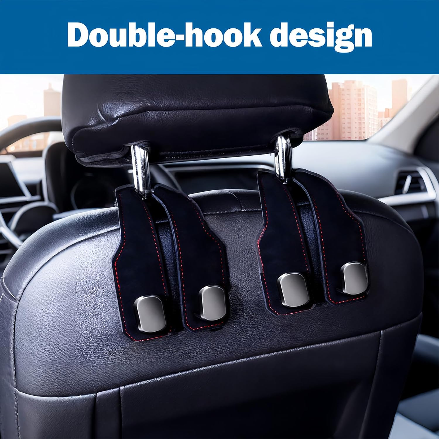 【4-Pack】 Car Seat Headrest Hook - Double Leather Storage Organizers for Handbags, Purses & Mobile Phones | Universal Fit for Cars | Heavy-Duty Metal Hooks | Easy Tool-Free Installation (Black) image number 5